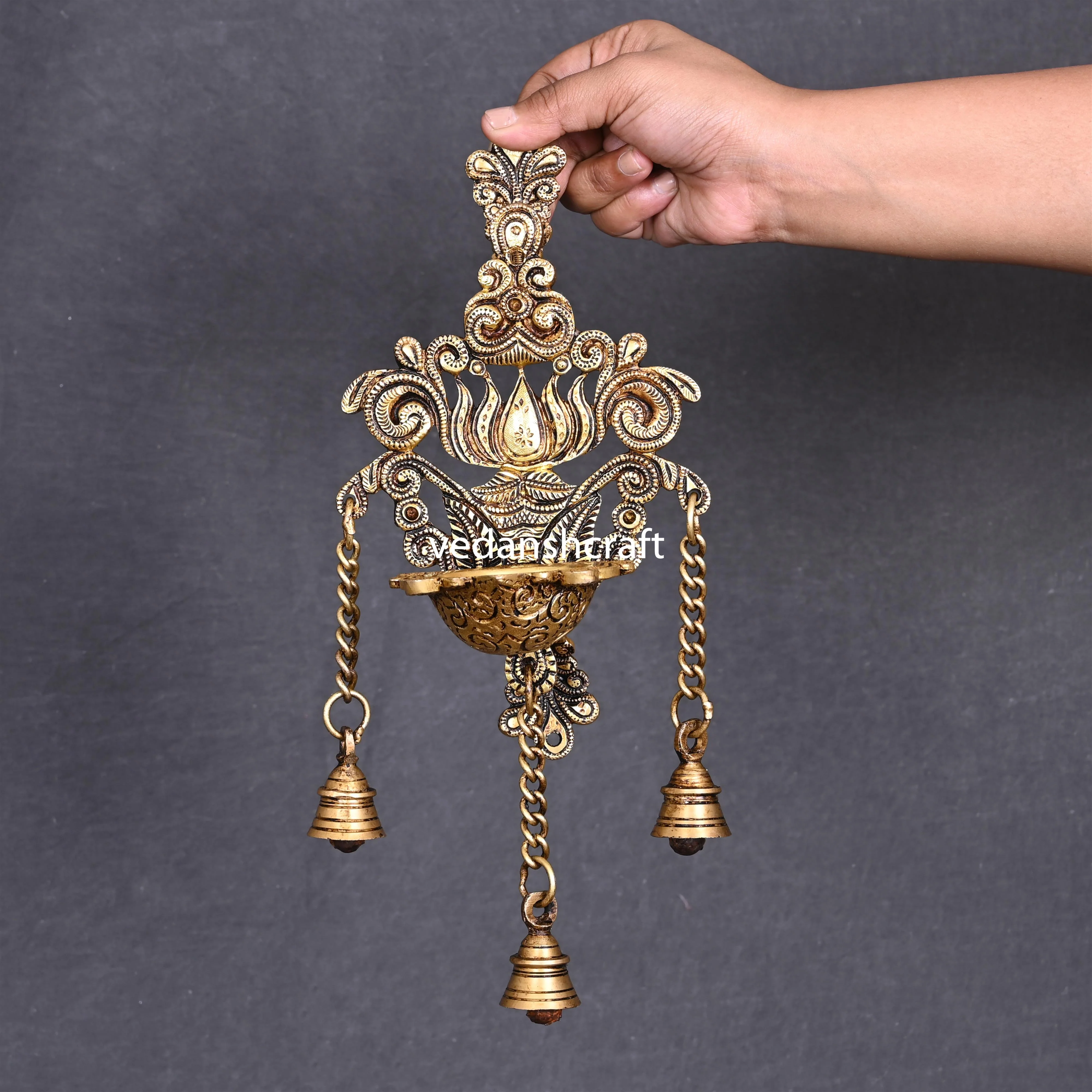 Brass Wall Hanging Lotus Diya With Bell (12.5 Inch) - Image 2