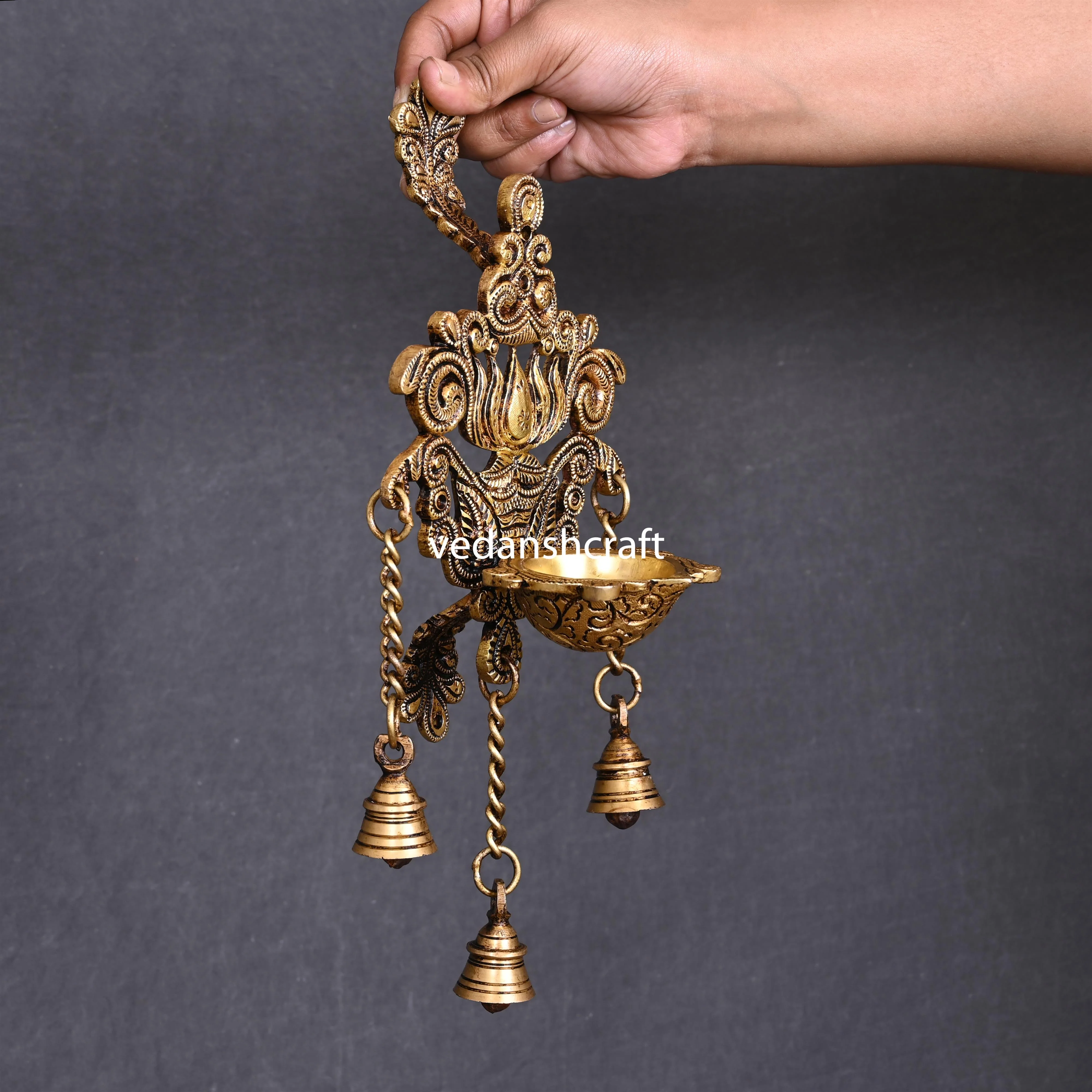 Brass Wall Hanging Lotus Diya With Bell (12.5 Inch) - Image 3