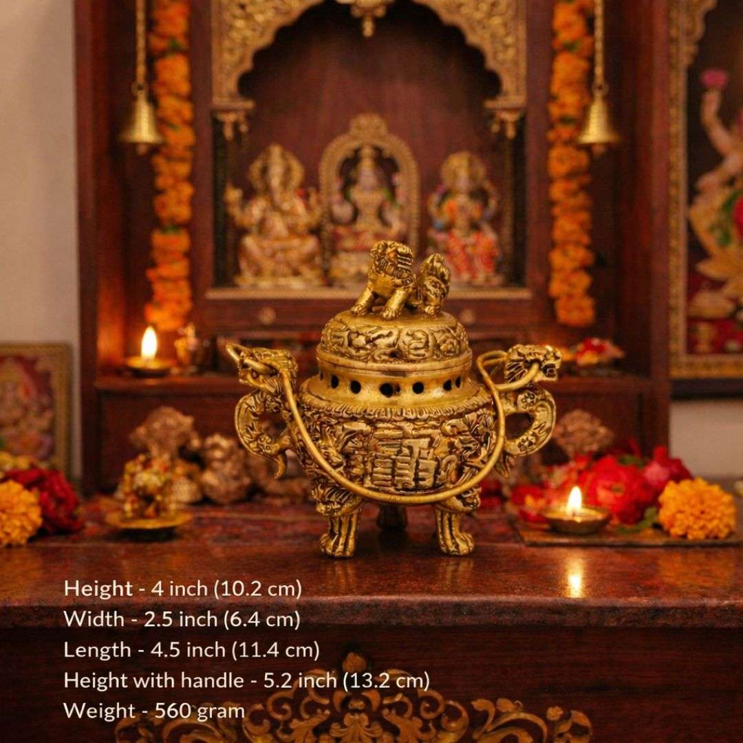 Brass Yali/kirtimukha Dragon Dhoop Dani & Incense Holder With Handle (4 Inch) - Image 5