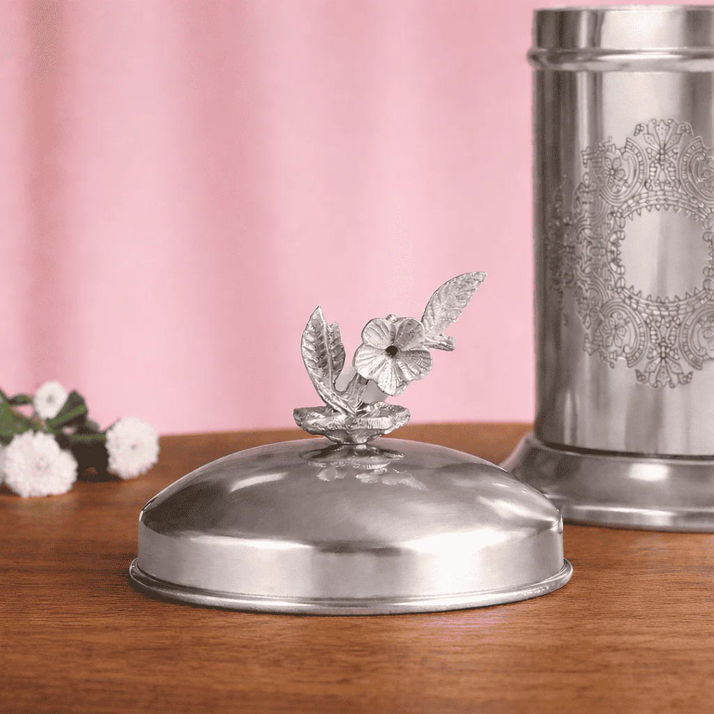 Brass Embossed Design Jar with leaf knob on lid, Brass Decorative Storage Box - Image 10