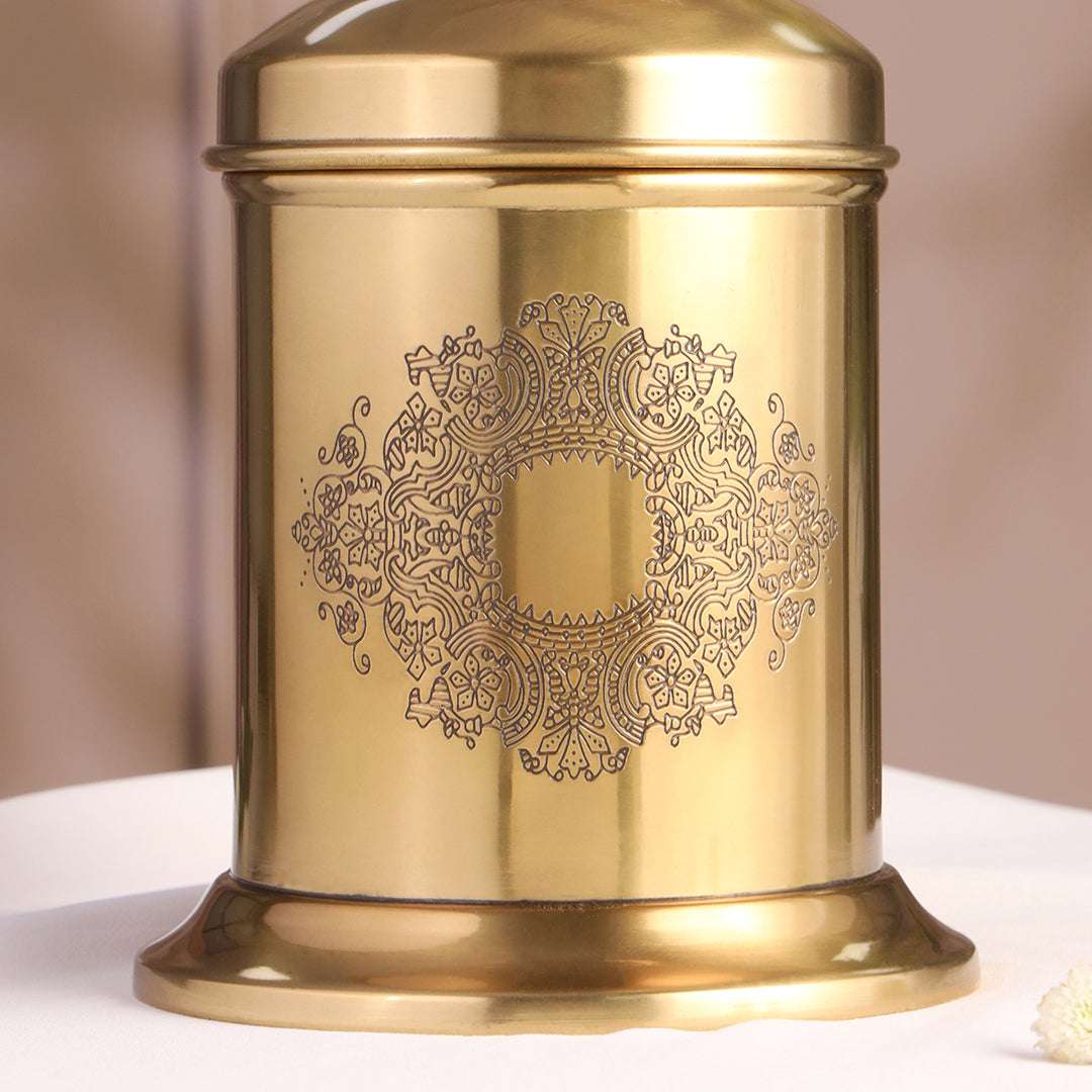 Brass Embossed Design Jar with leaf knob on lid, Brass Decorative Storage Box - Image 3