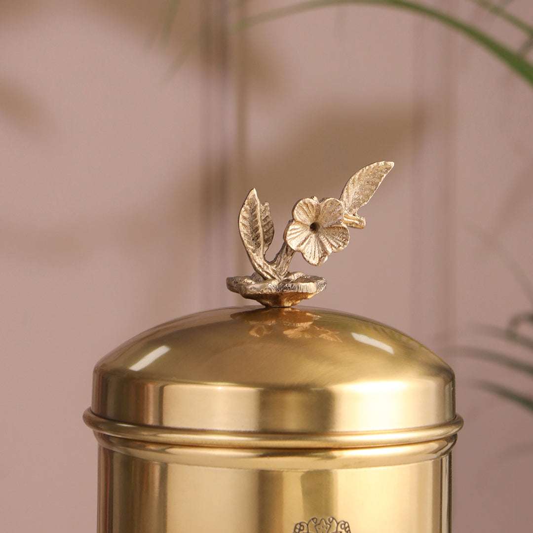 Brass Embossed Design Jar with leaf knob on lid, Brass Decorative Storage Box - Image 5