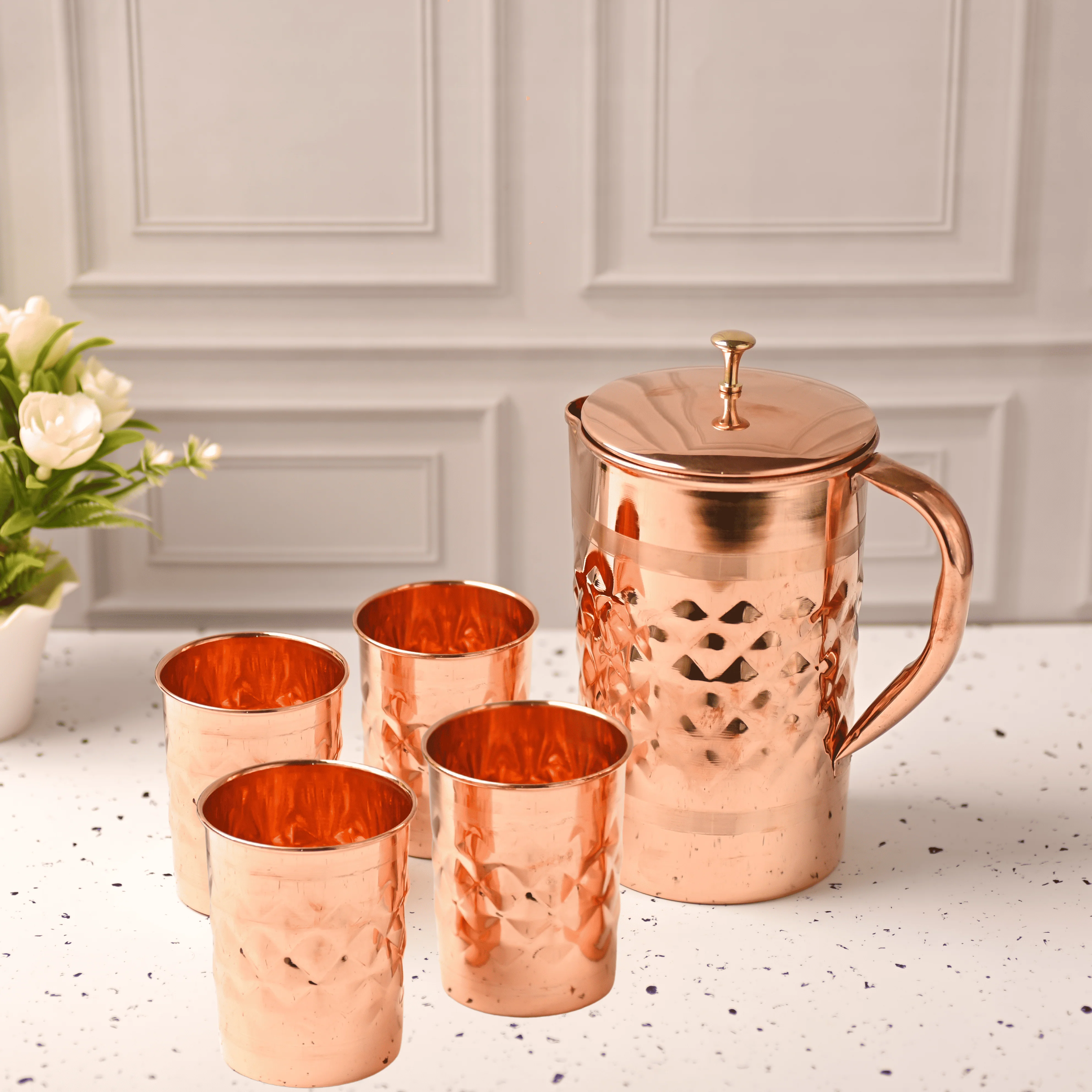 Copper Diamond Design Jug with Four Glass set (8.8 Inch)