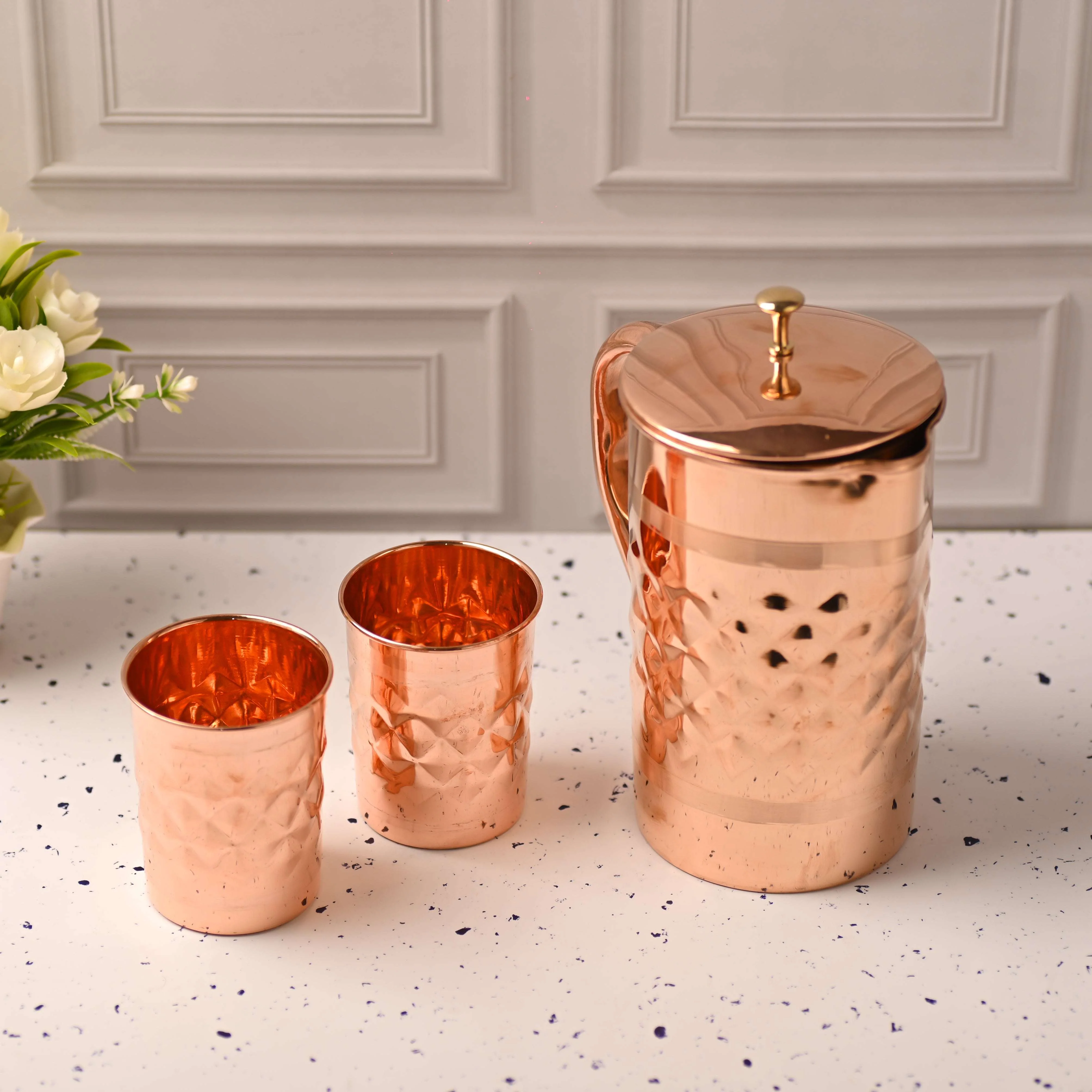 Copper Diamond Design Jug with Four Glass set (8.8 Inch) - Image 5