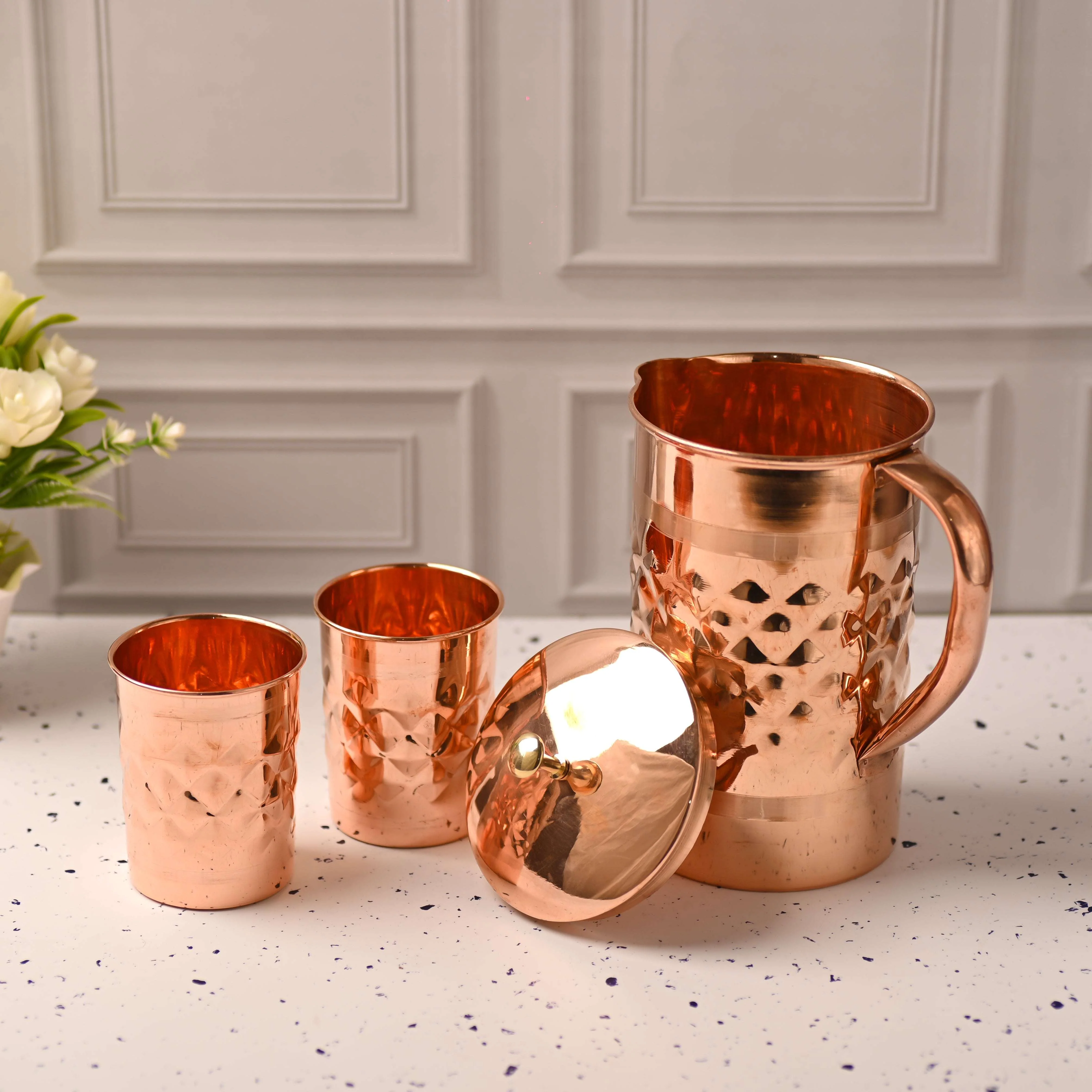 Copper Diamond Design Jug with Four Glass set (8.8 Inch) - Image 6