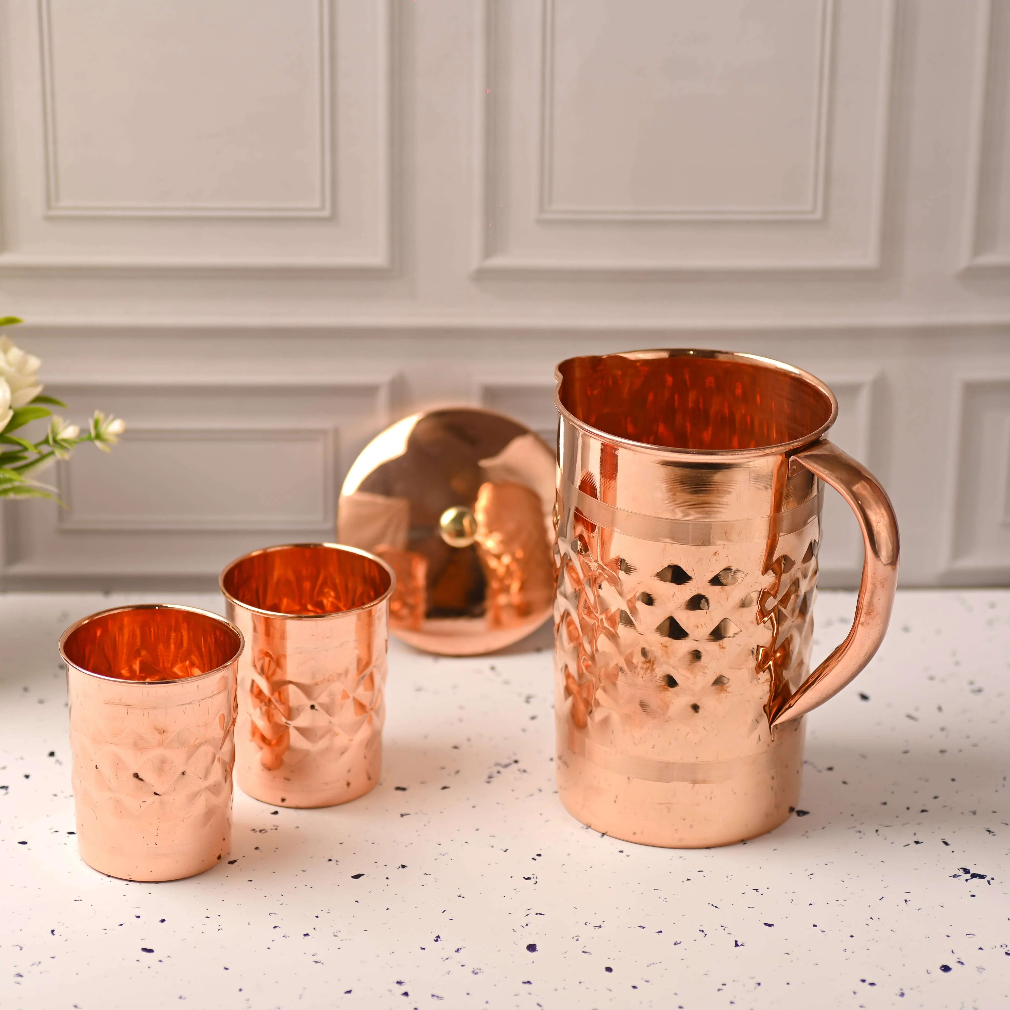 Copper Diamond Design Jug with Four Glass set (8.8 Inch) - Image 7