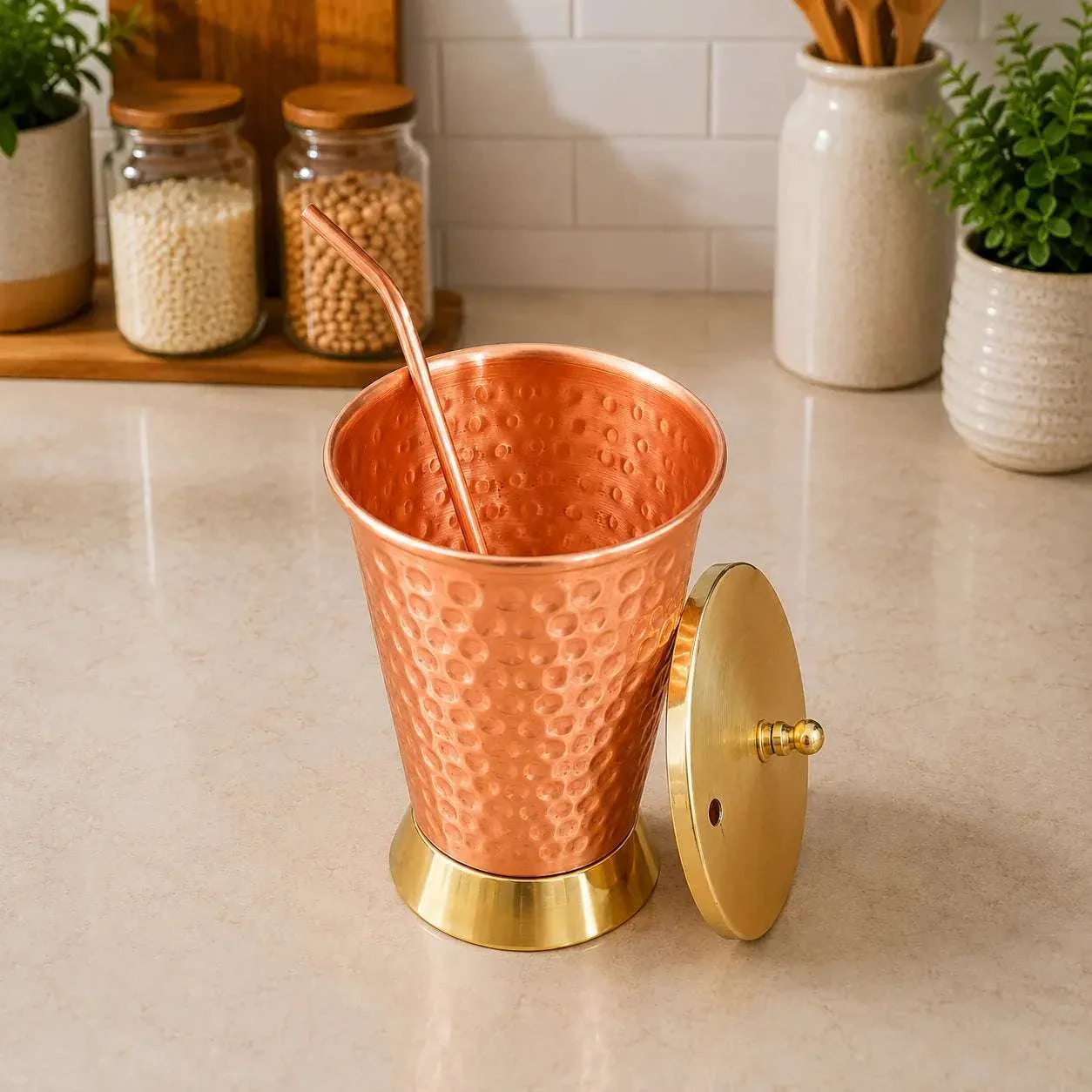 Copper Hammered Glass / Tumbler With Lid And Straw (6 Inch) - Image 3