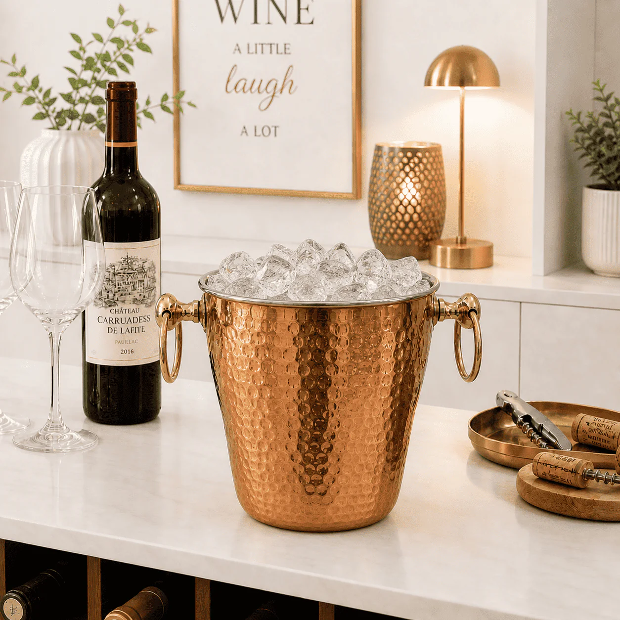 Copper And Steel Hammered Ice Bucket With Handle (6 inch) - Image 6