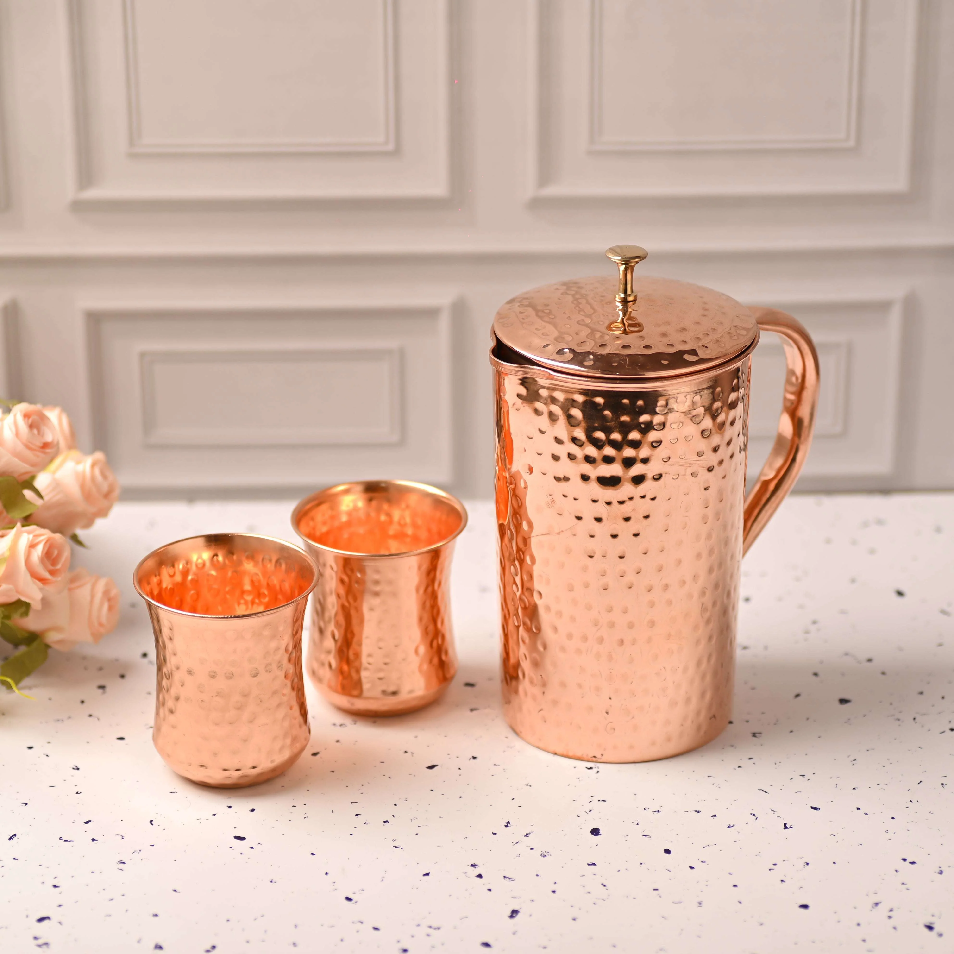 Copper Hammered Design Jug with Four Glass Set (8.8 Inch) - Image 2