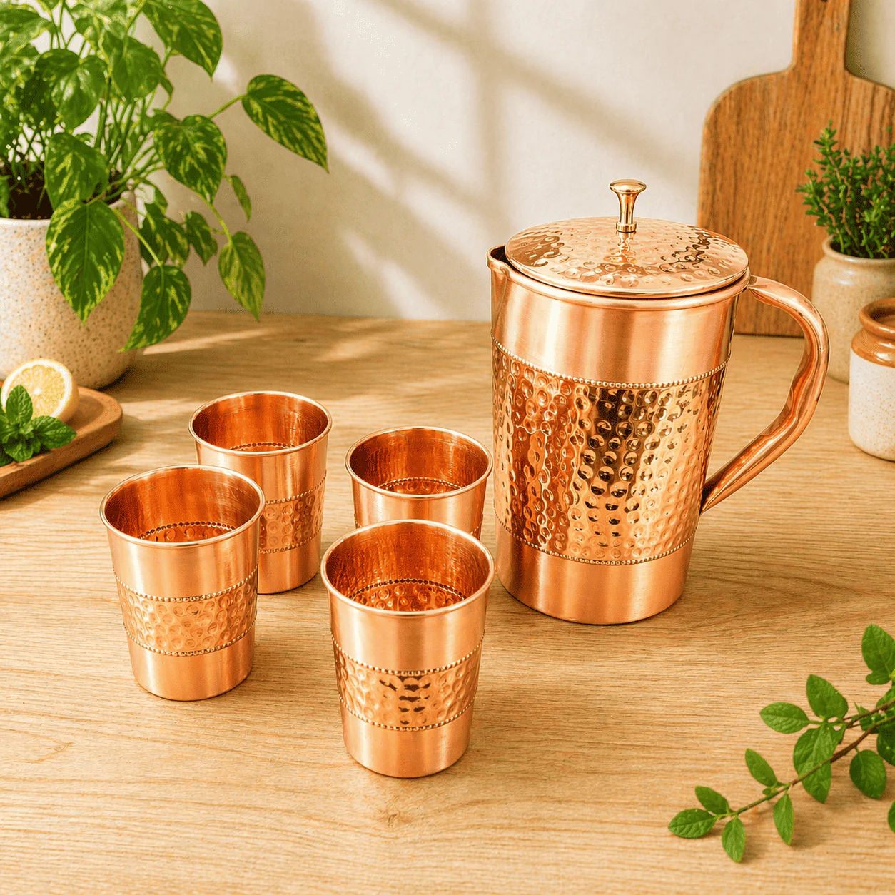 Copper Hammered Design Jug with Four Glass Set (8.8 Inch) - Image 7