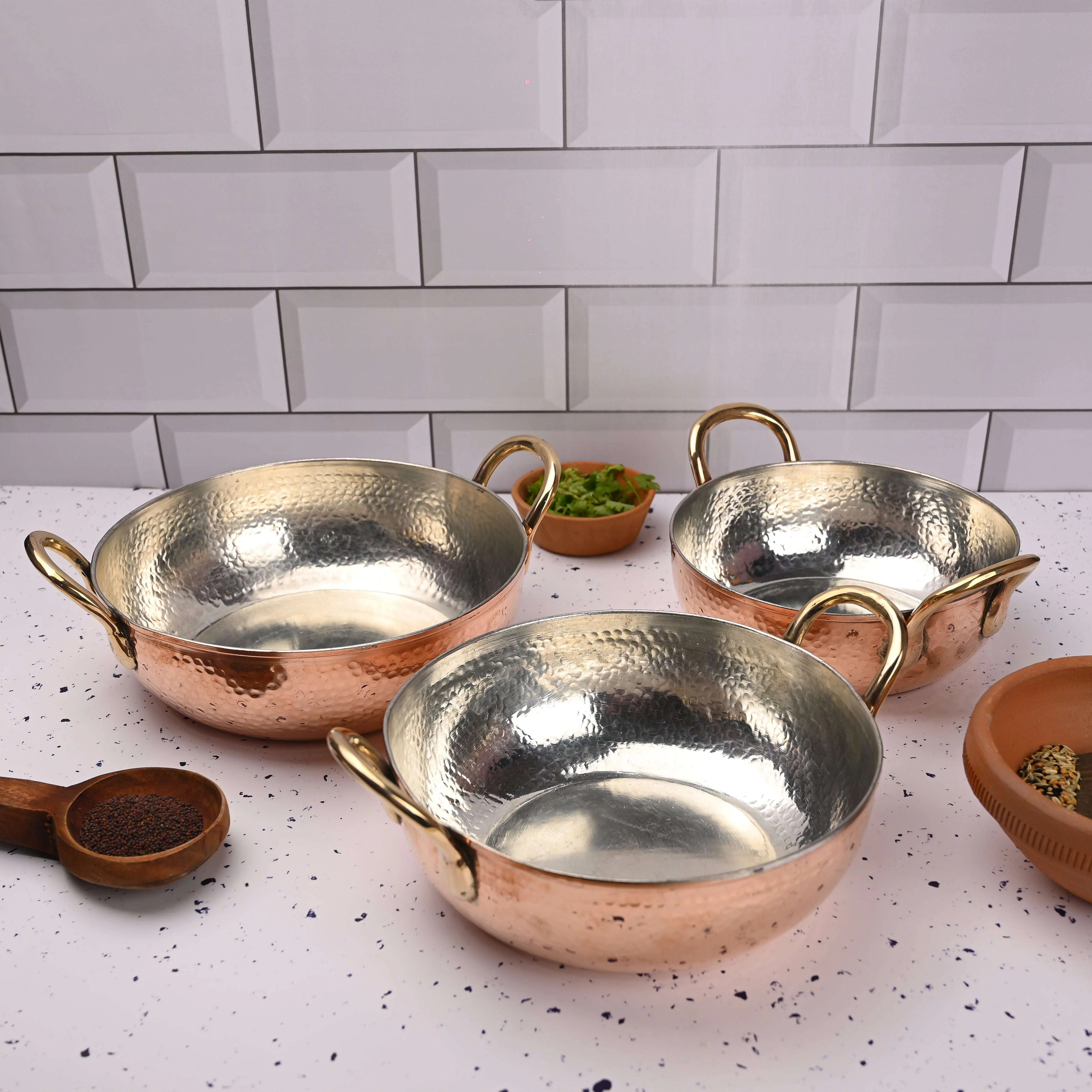 Copper Handcrafted Kadhai Set of Three – Premium Brassware (11 Inch) - Image 3