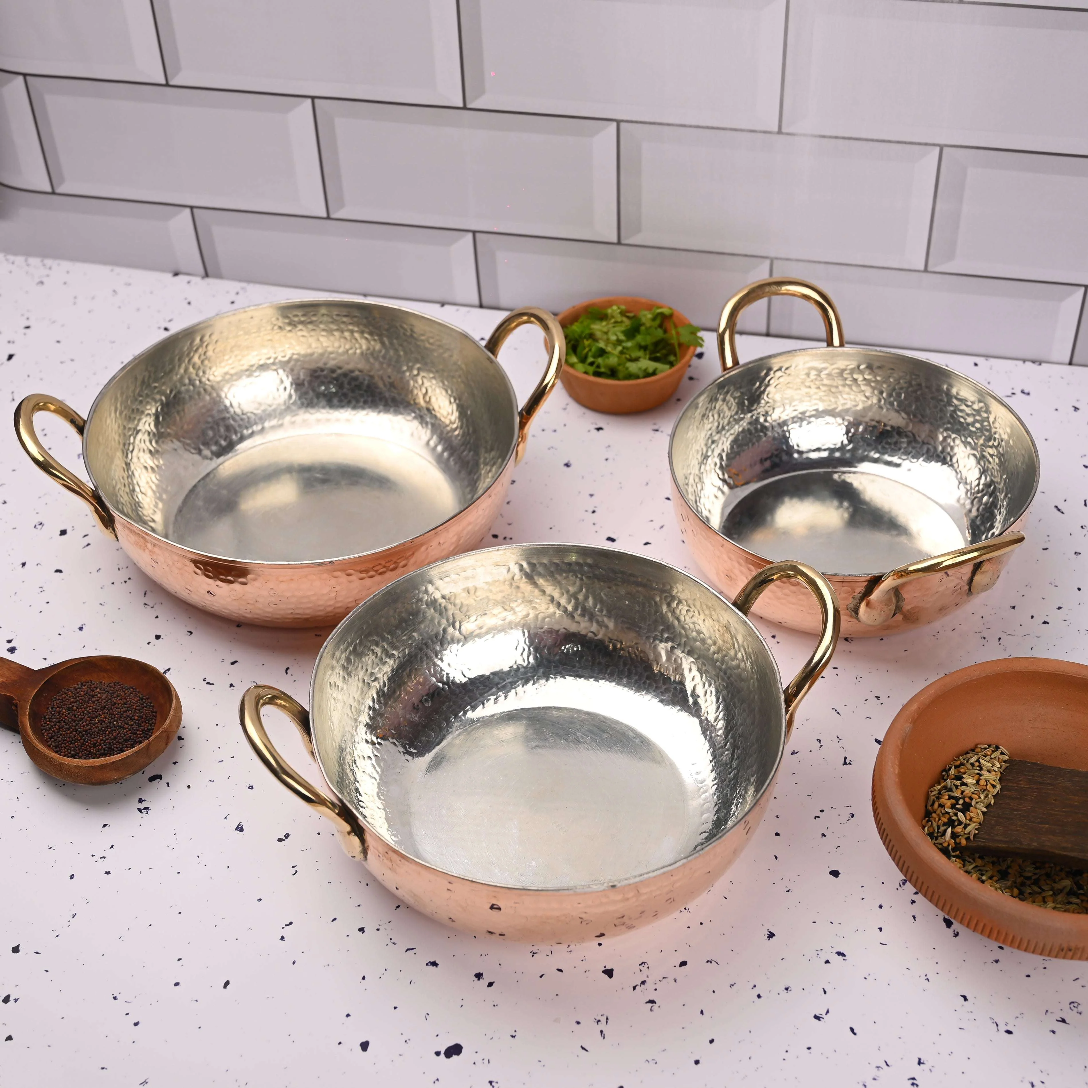 Copper Handcrafted Kadhai Set of Three – Premium Brassware (11 Inch) - Image 5