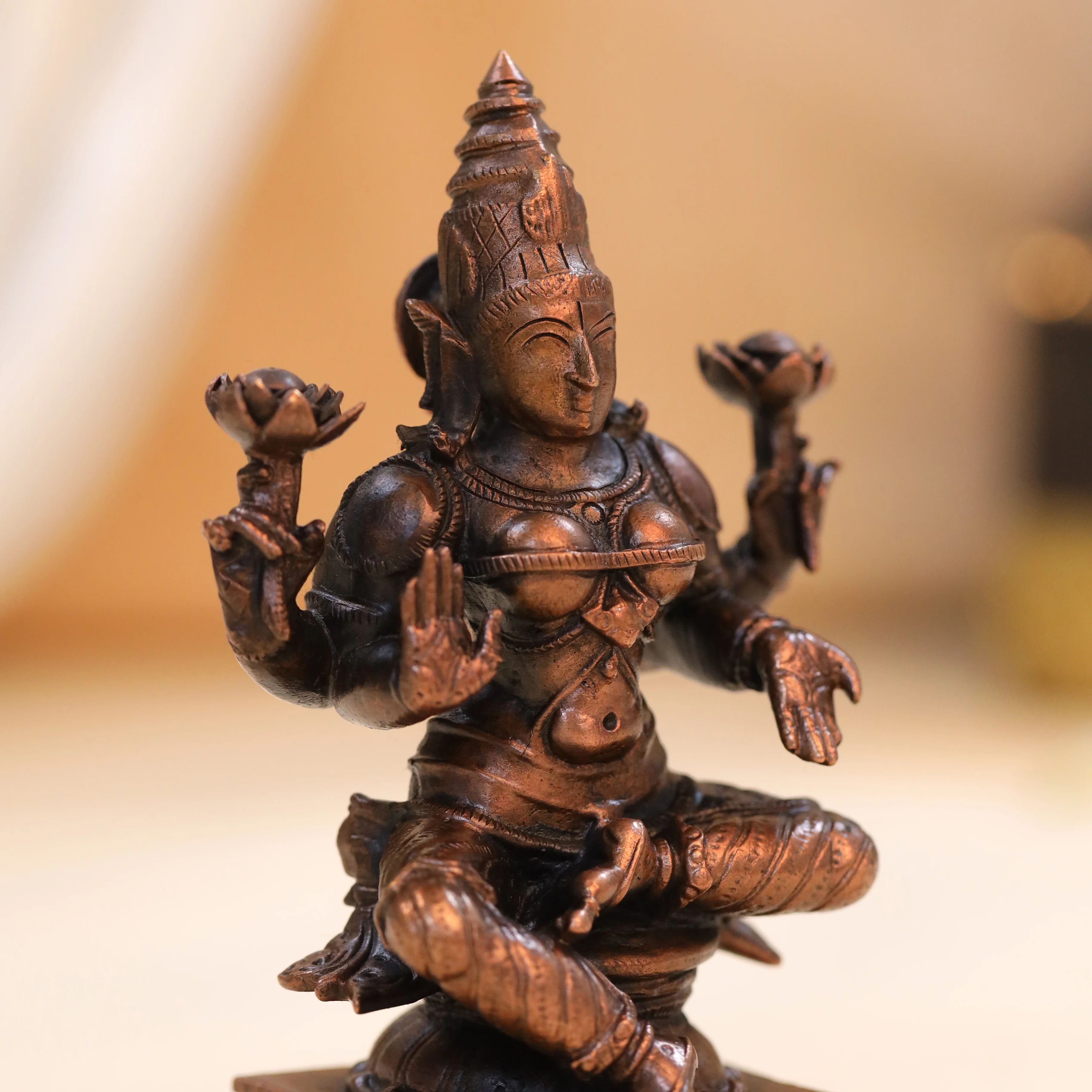 Copper Goddess Sitting Lakshmi Idol (4.5 Inch) - Image 3