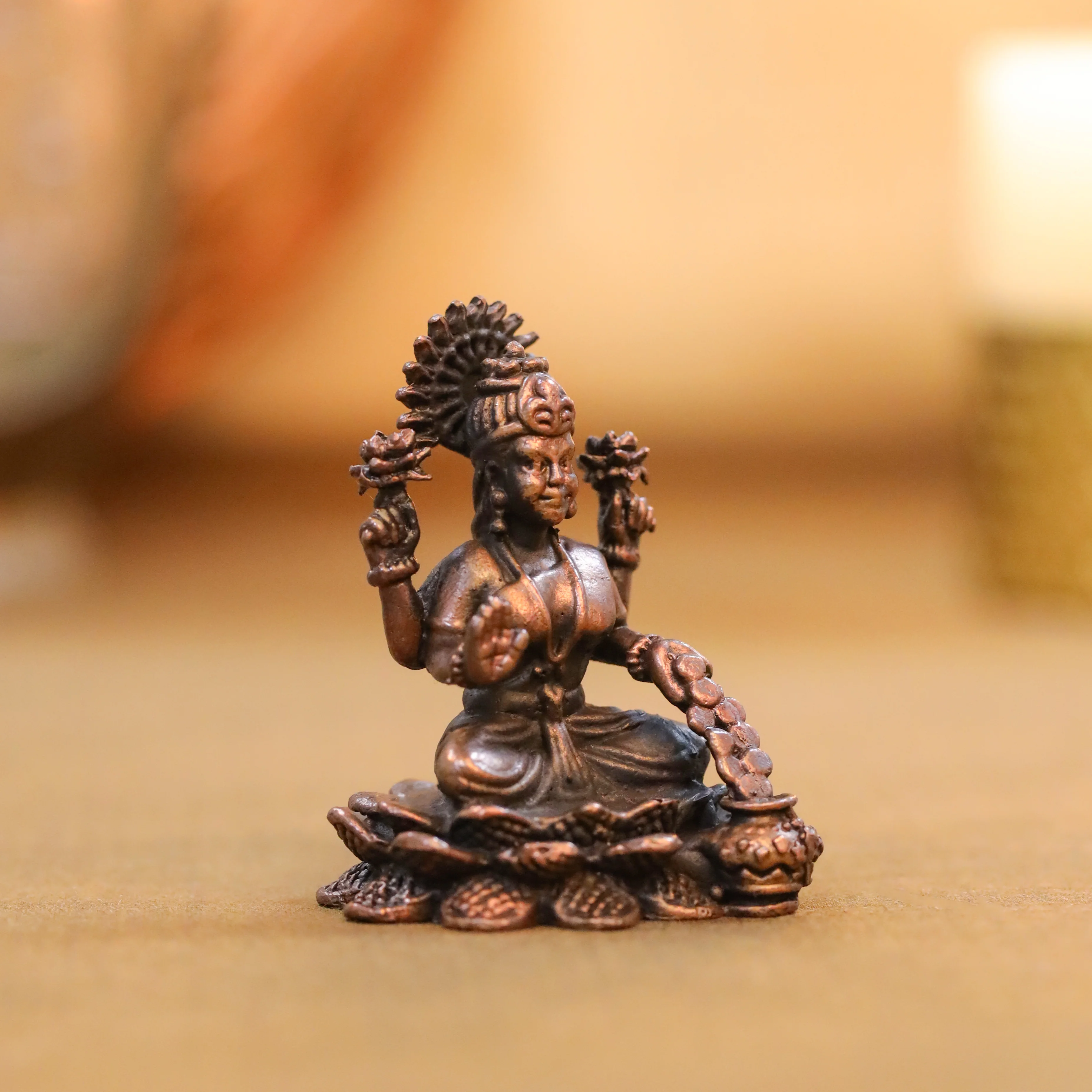 Copper Goddess Sitting Lakshmi Idol (2.2 Inch) - Image 2