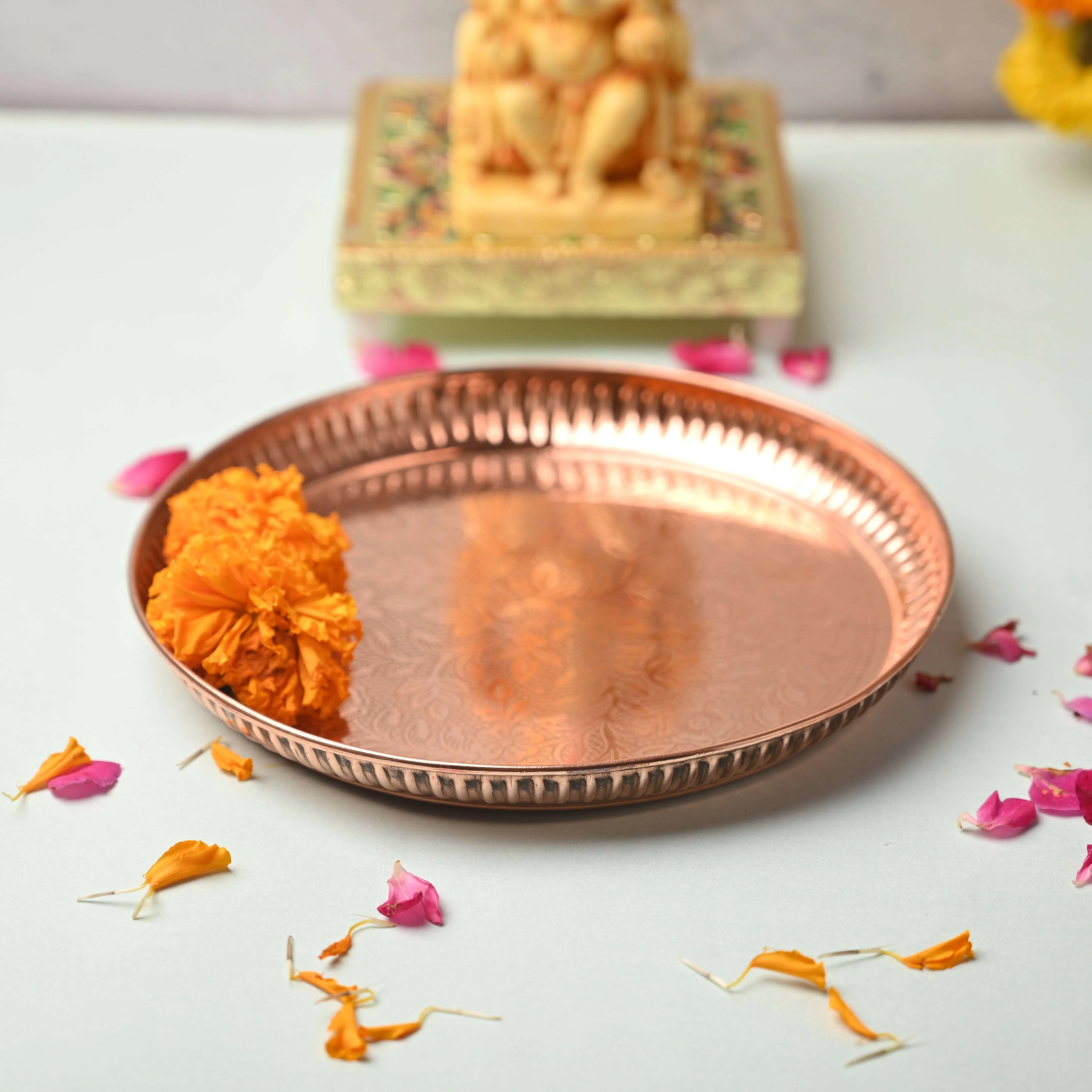 Copper Handcrafted Pooja Thali – Traditional Indian Brassware Elegance (8 Inch) - Image 3