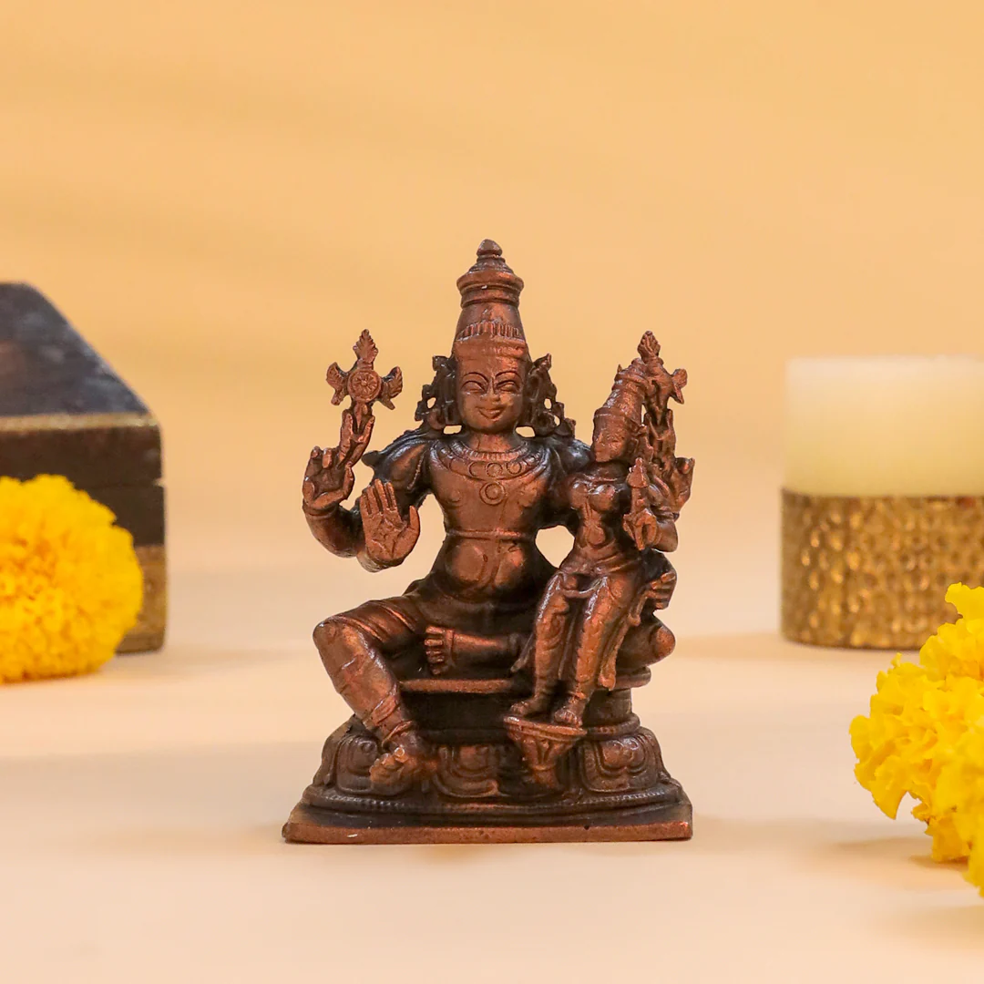 Copper Sitting Vishnu Lakshmi Idol (4 Inch)