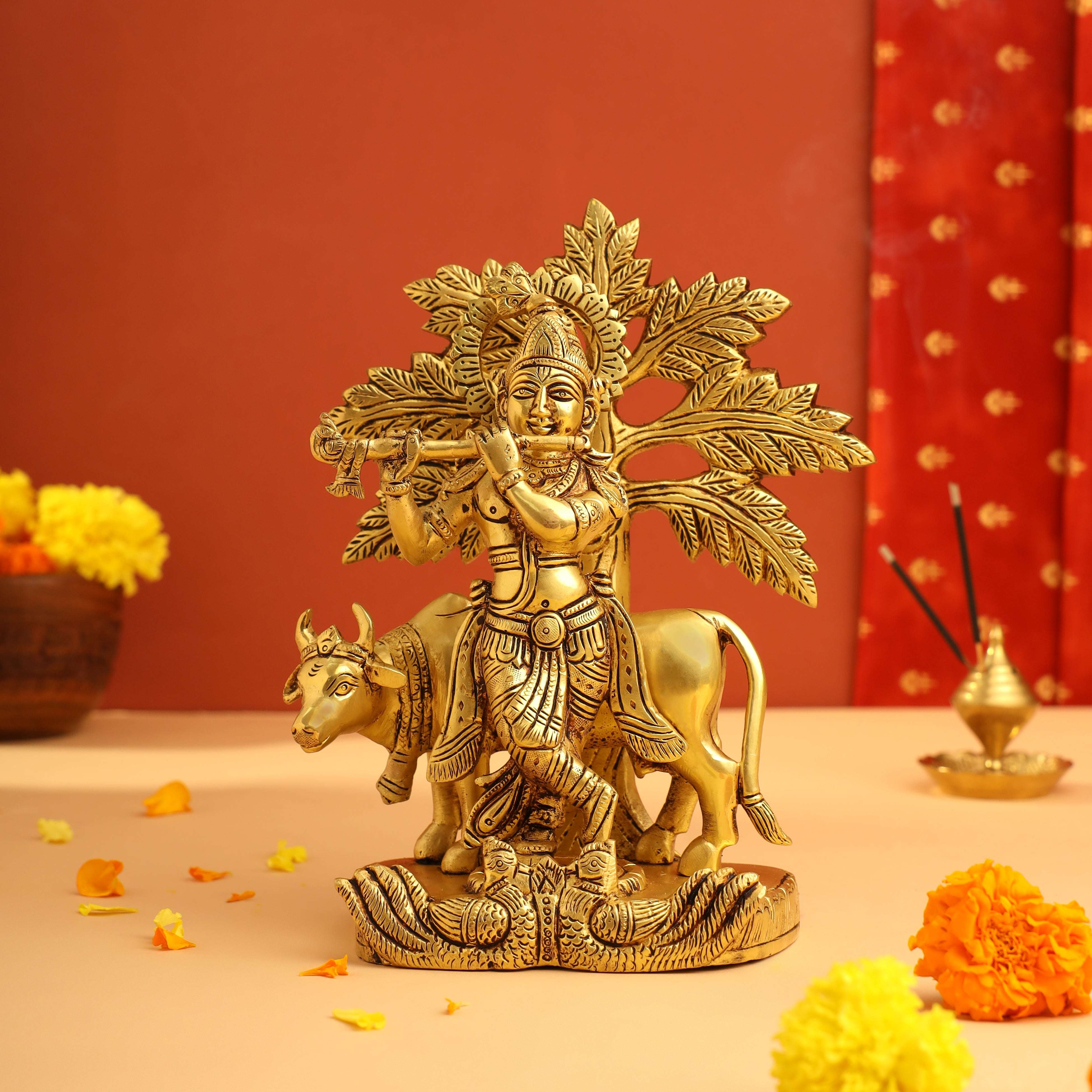 Brass Standing Krishna Idol With Cow And Tree (8.5 Inch)