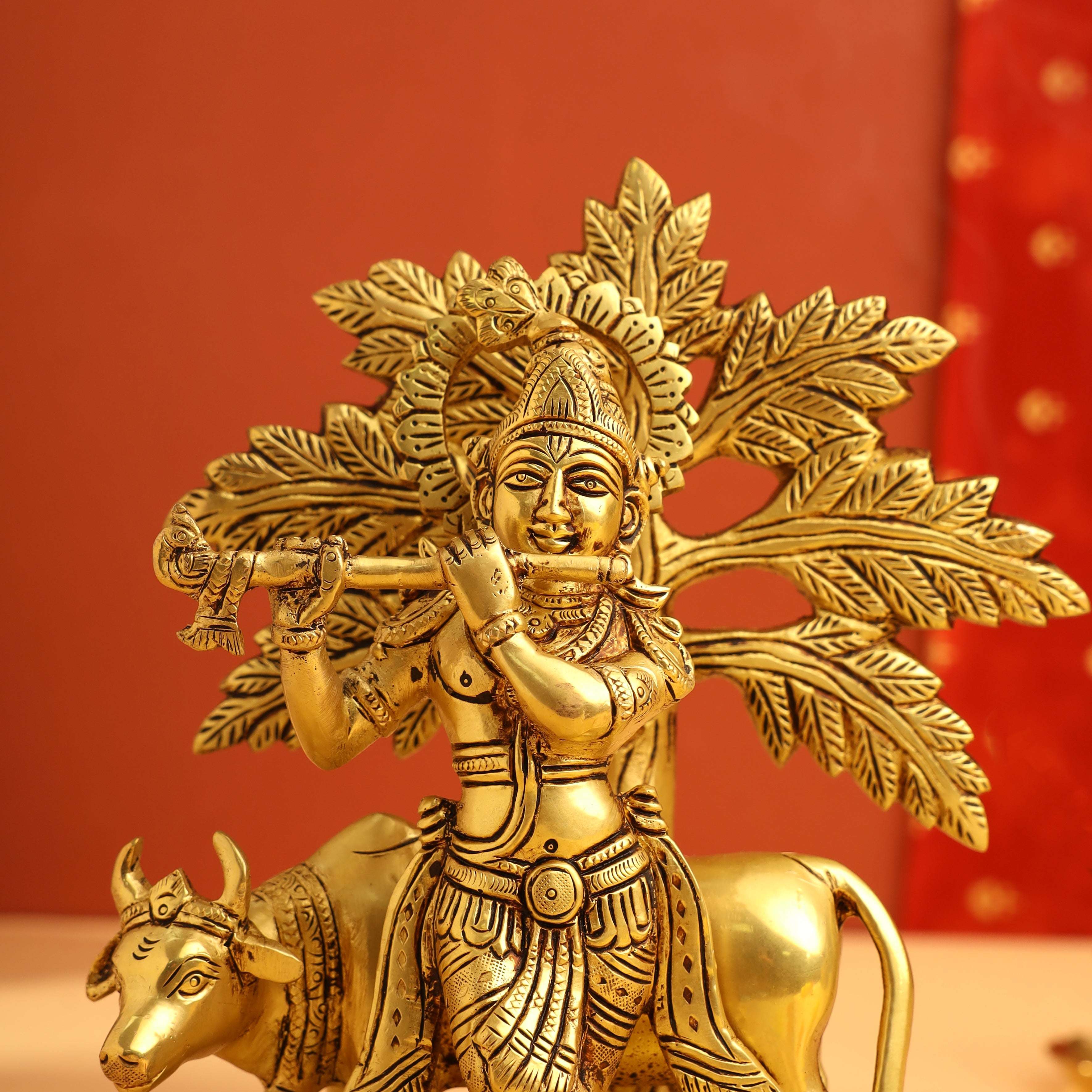 Brass Standing Krishna Idol With Cow And Tree (8.5 Inch) - Image 2