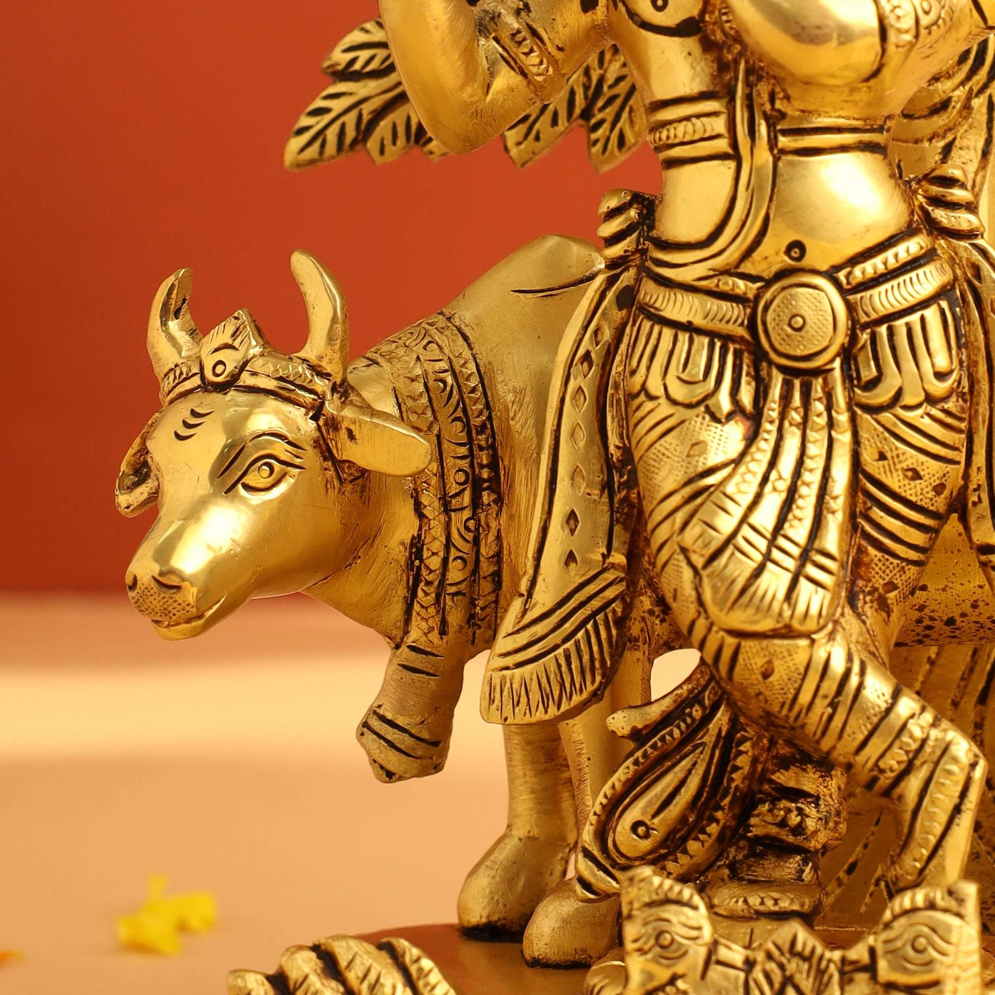 Brass Standing Krishna Idol With Cow And Tree (8.5 Inch) - Image 3