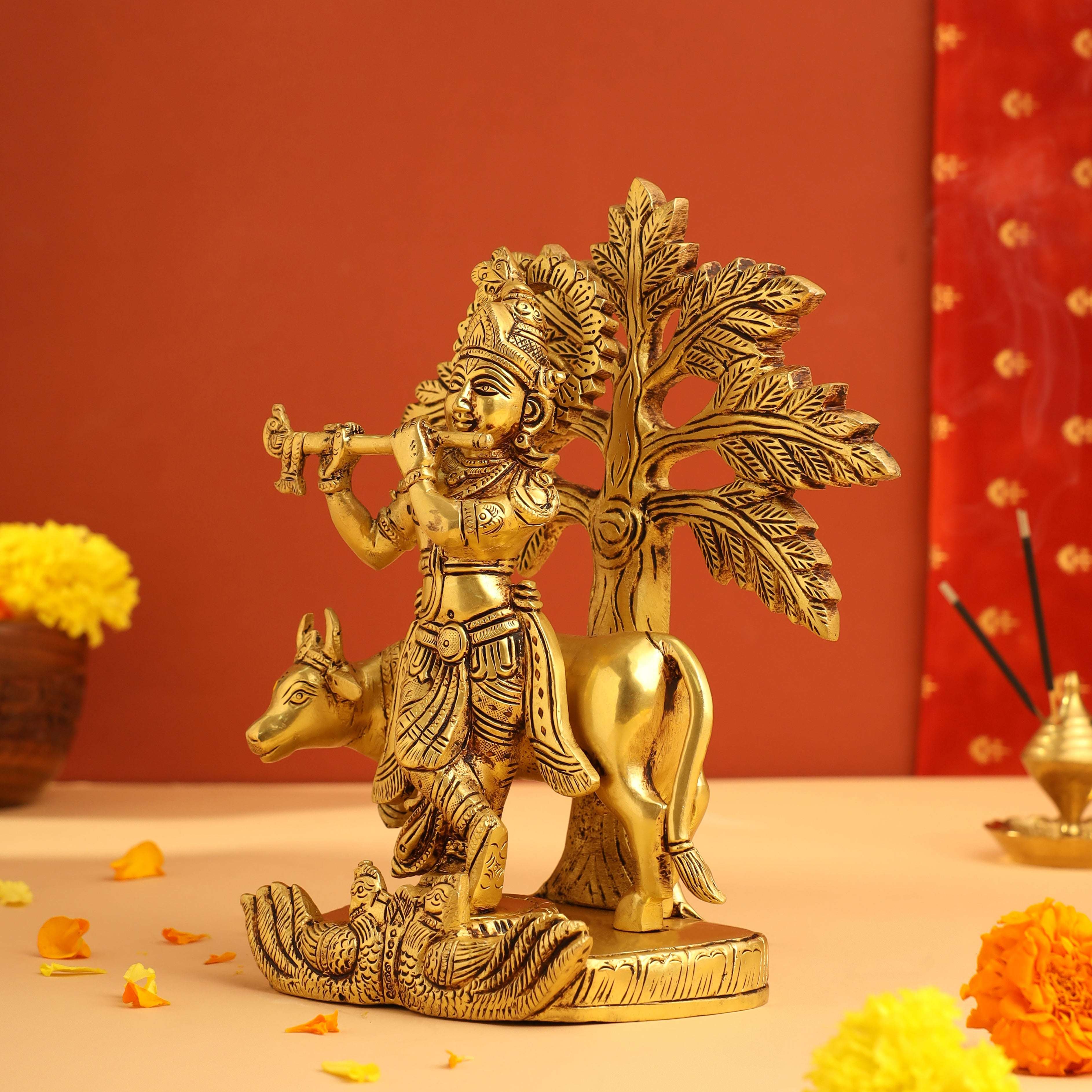 Brass Standing Krishna Idol With Cow And Tree (8.5 Inch) - Image 4