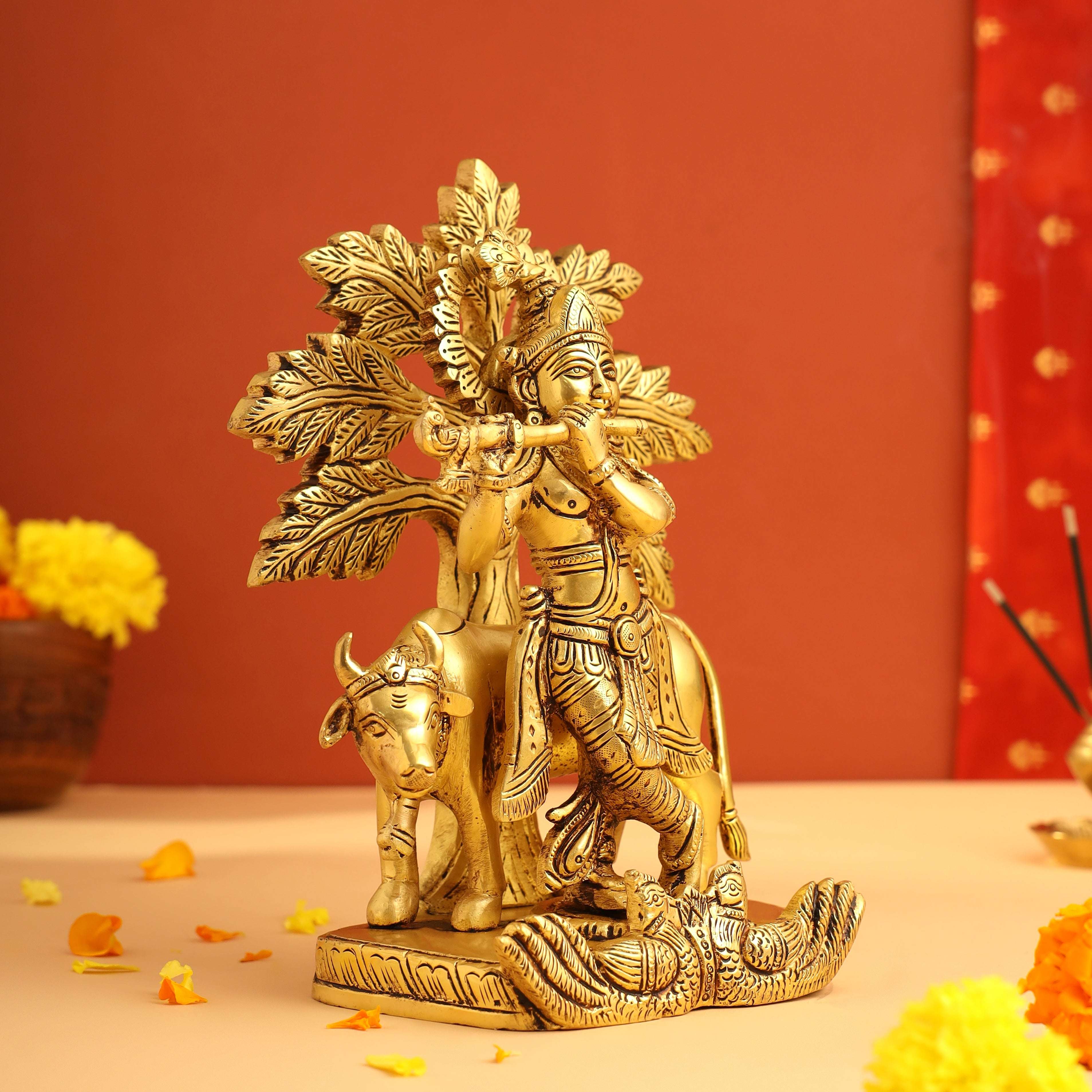 Brass Standing Krishna Idol With Cow And Tree (8.5 Inch) - Image 5