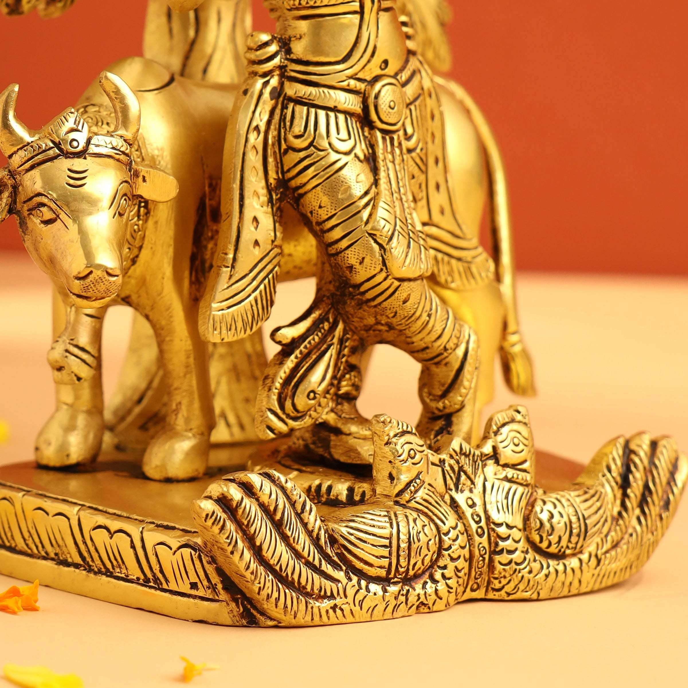 Brass Standing Krishna Idol With Cow And Tree (8.5 Inch) - Image 6