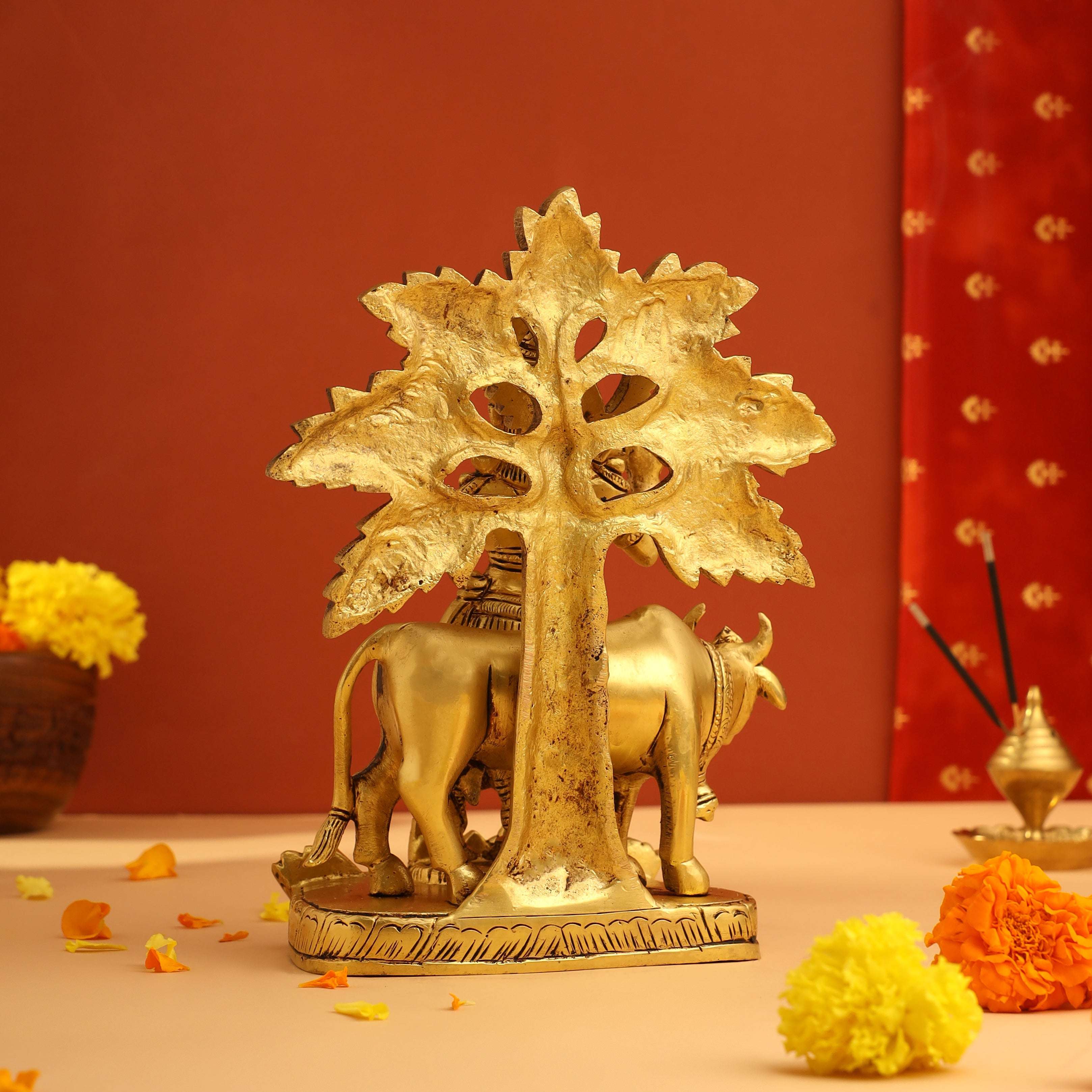Brass Standing Krishna Idol With Cow And Tree (8.5 Inch) - Image 7