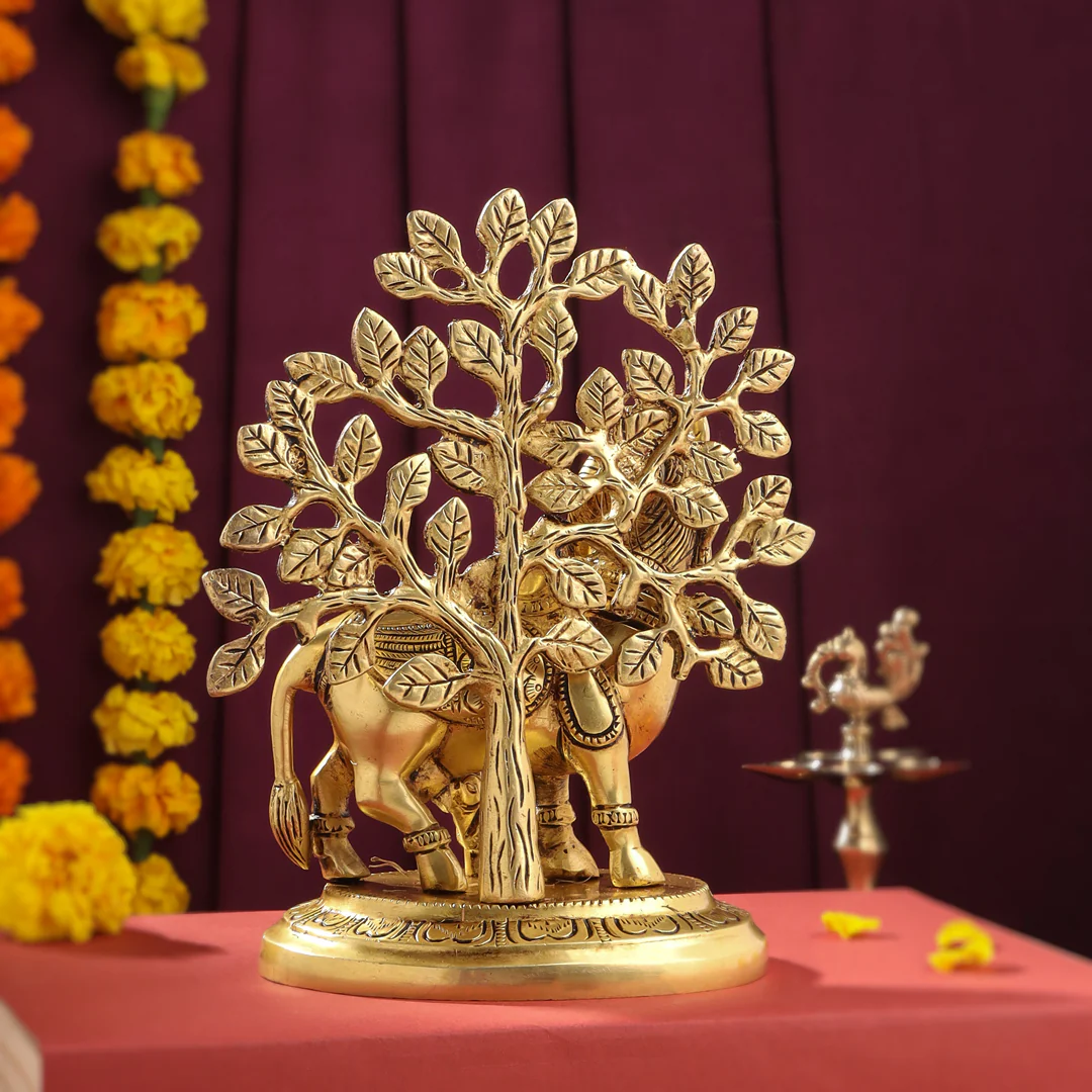 Brass Kamdhenu Cow With Calf Idol With Tree (8 Inch) - Image 3