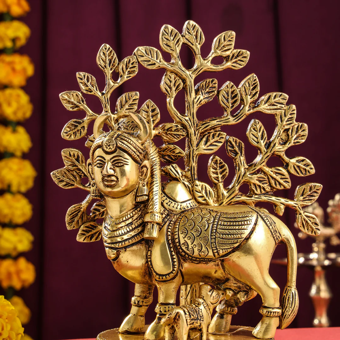 Brass Kamdhenu Cow With Calf Idol With Tree (8 Inch) - Image 4