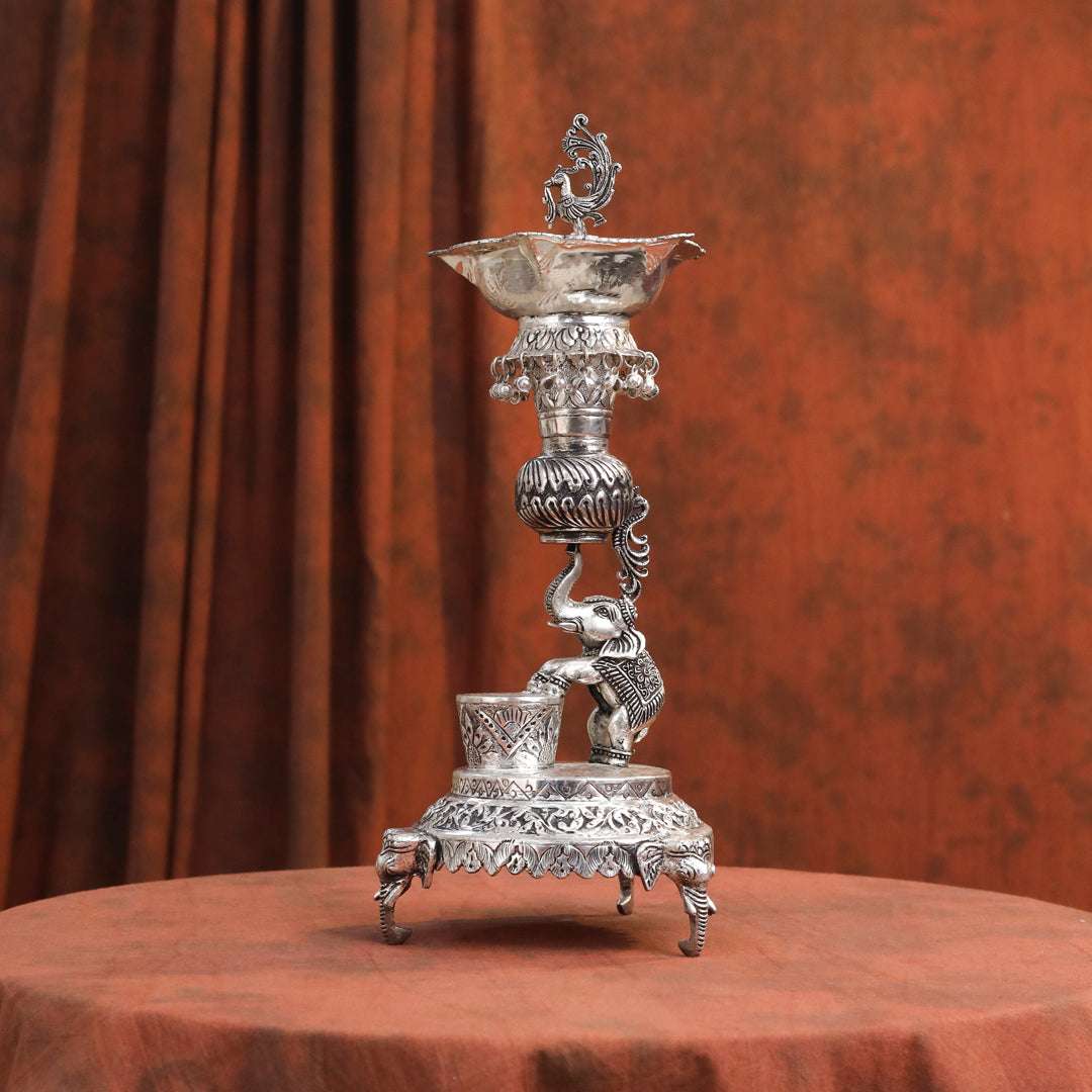 Brass Silver Plated Elephant / Peacock Design Oil Lamp (14.1 Inch) - Image 11