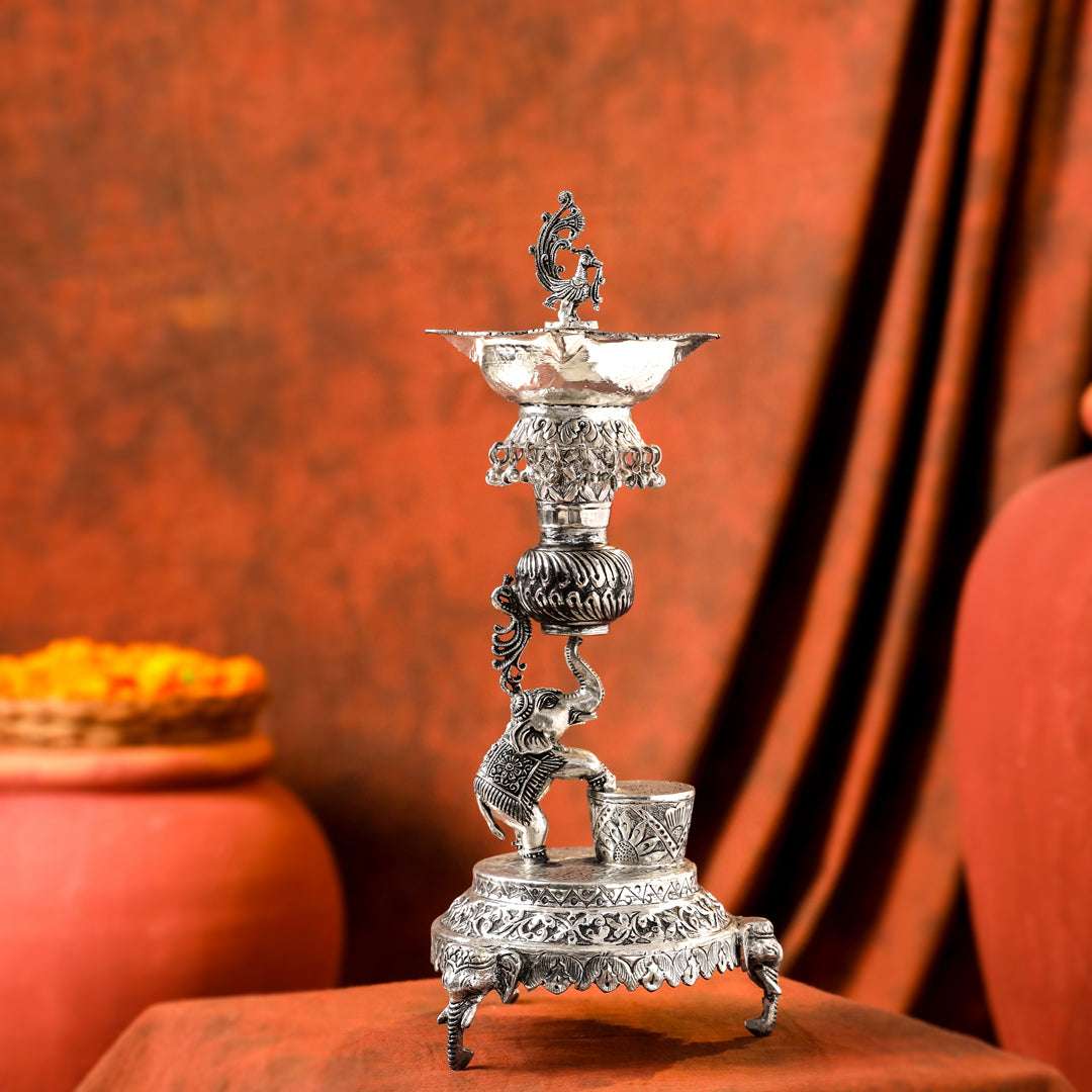 Brass Silver Plated Elephant / Peacock Design Oil Lamp (14.1 Inch) - Image 6