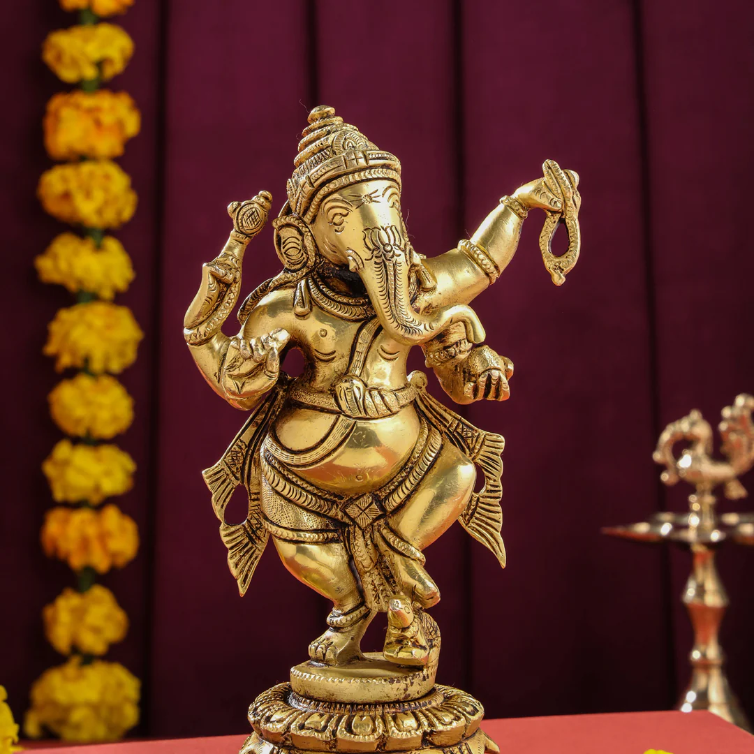 Brass Dancing Ganesha Idol (8 Inch) - Image 5