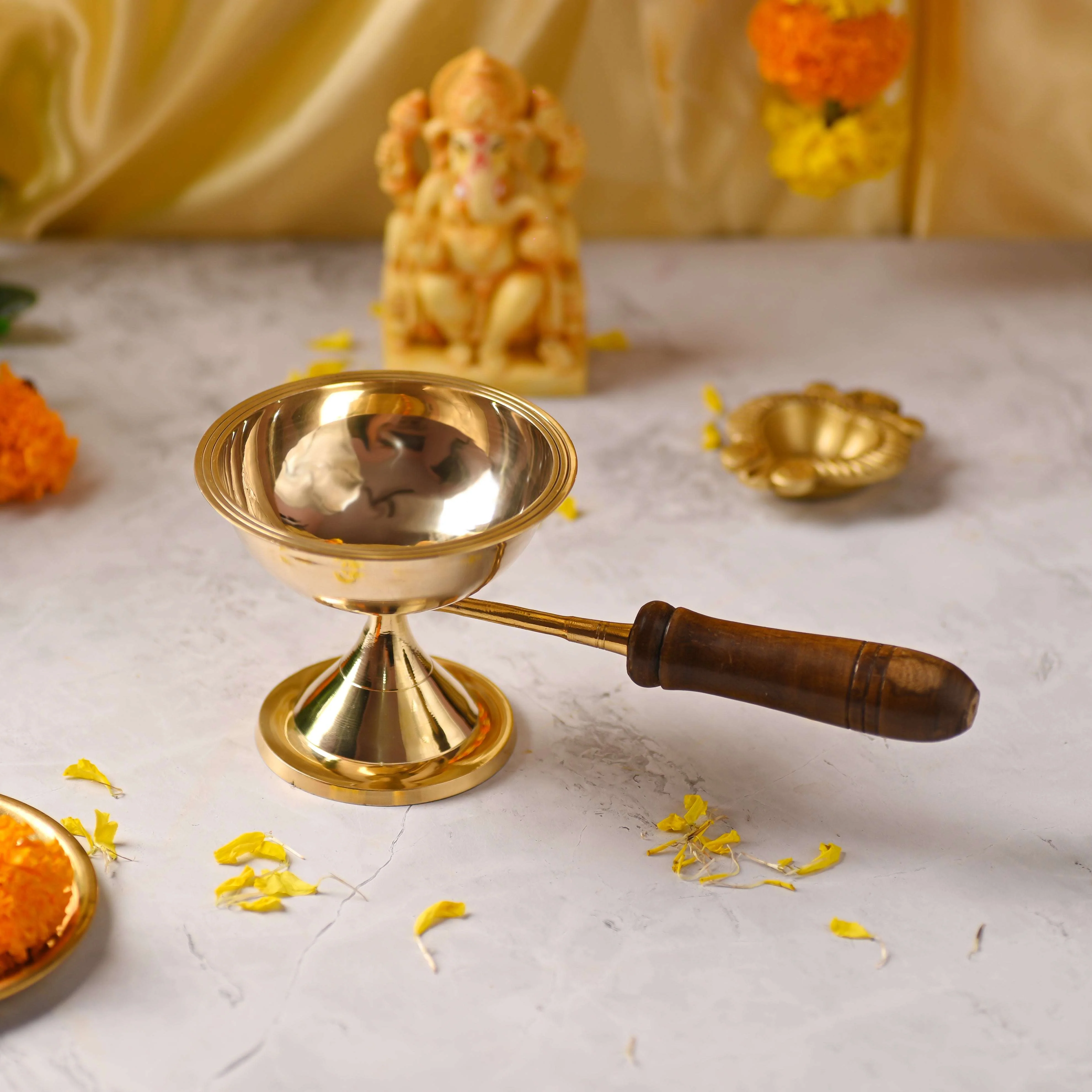 Brass Dhoop Aarti with Wooden Handle – Traditional Handmade Brassware