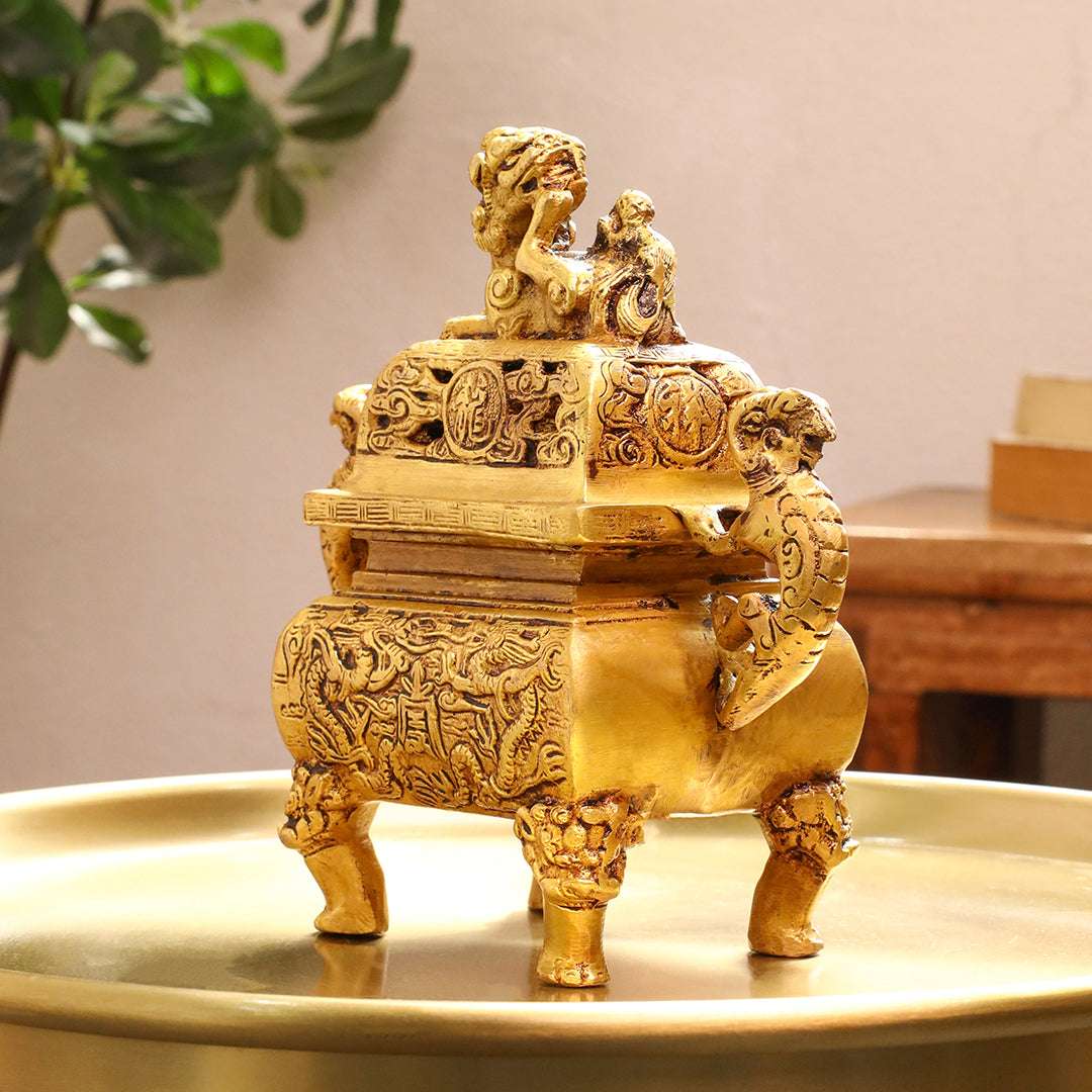 Brass Yali/kirtimukha Dragon Dhoop Dani & Incense Holder - Image 12