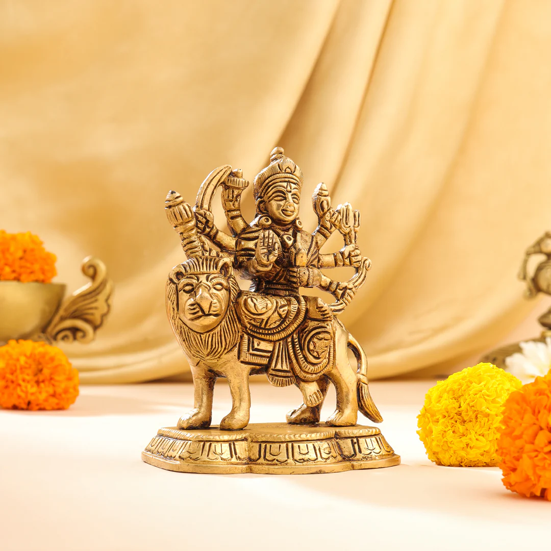 Brass Durga Devi Sitting on Lion Idol (4.5 Inch) - Image 6