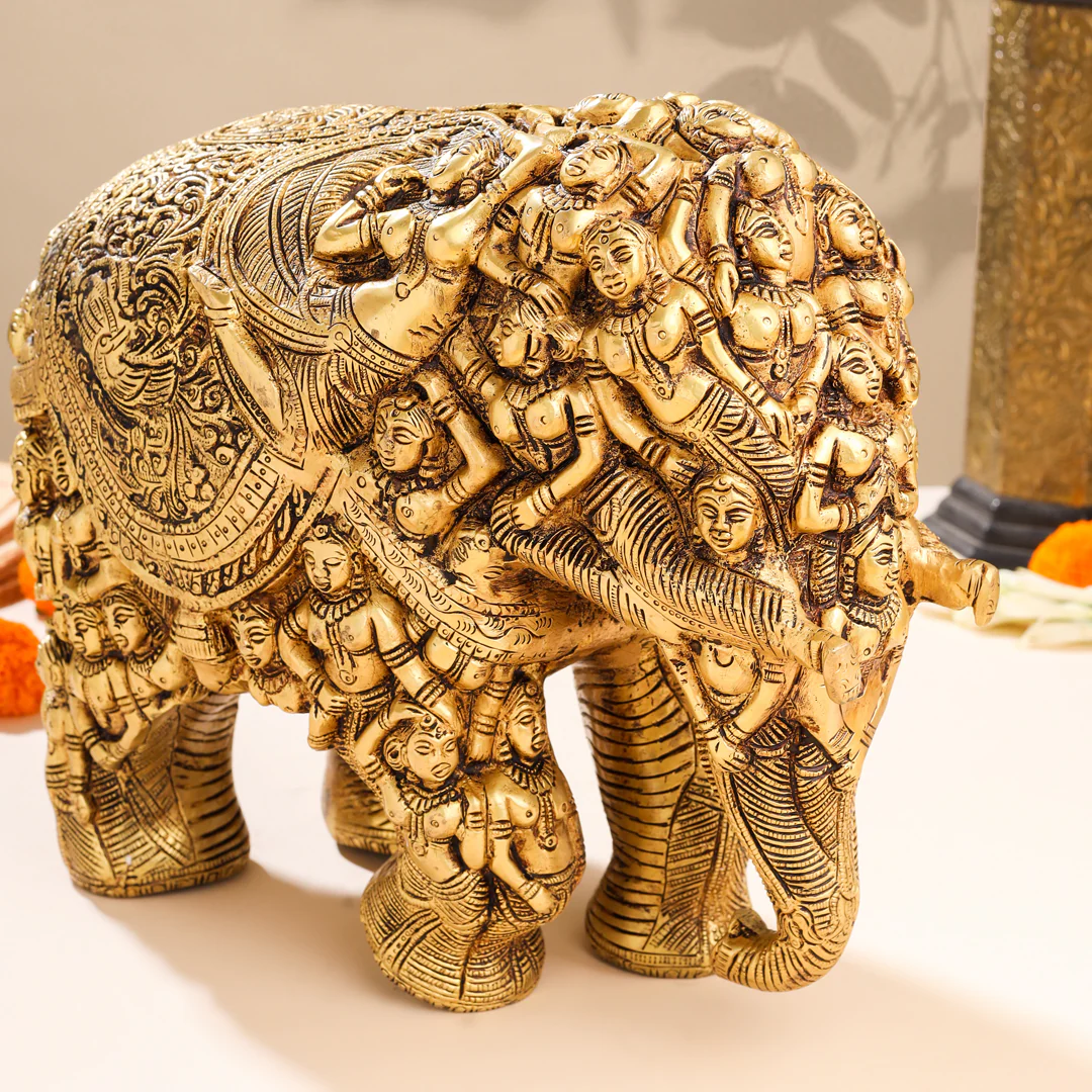Brass Majestic Carved Elephant Statue (11 Inch) - Image 4
