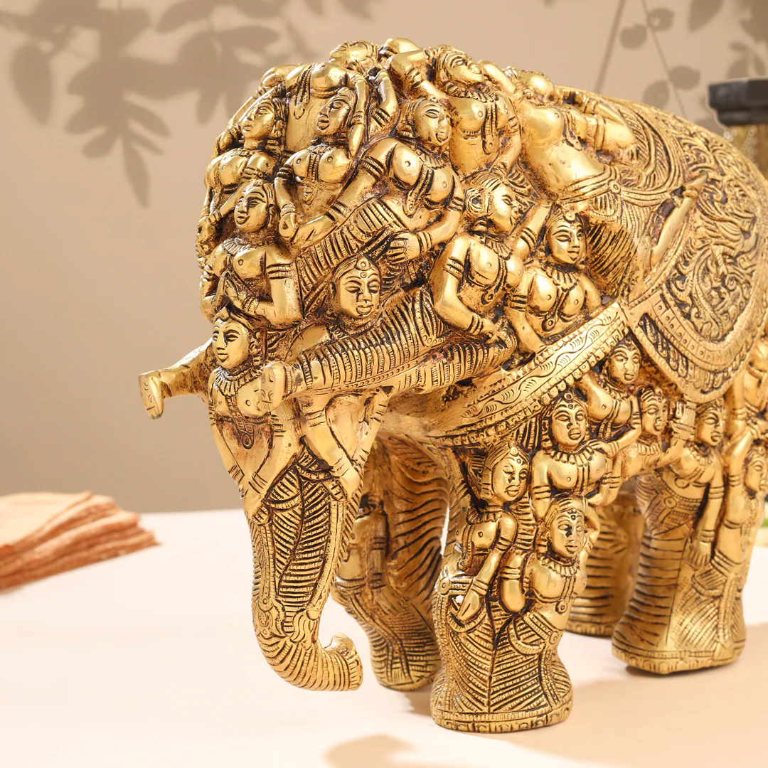 Brass Majestic Carved Elephant Statue (11 Inch) - Image 5