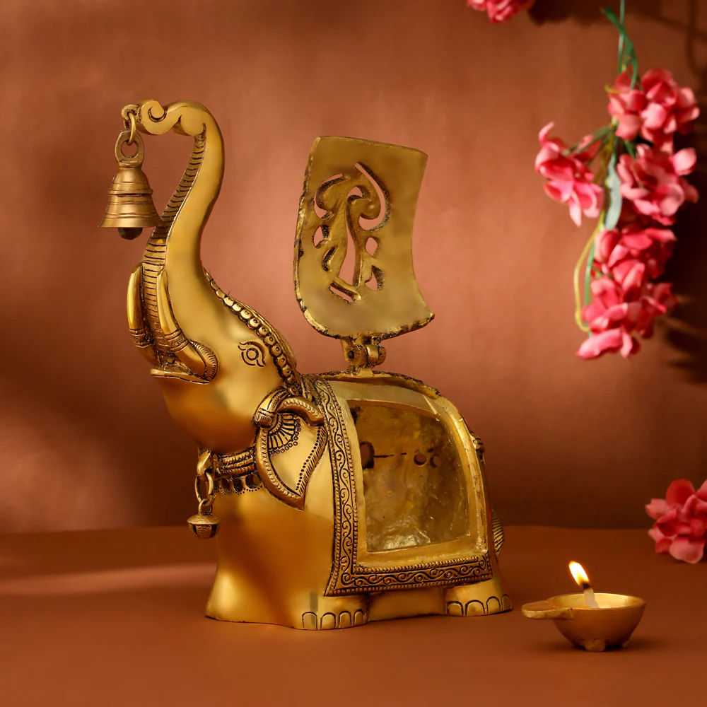 Brass Elephant Diya With Bell (10.5 Inch) - Image 4