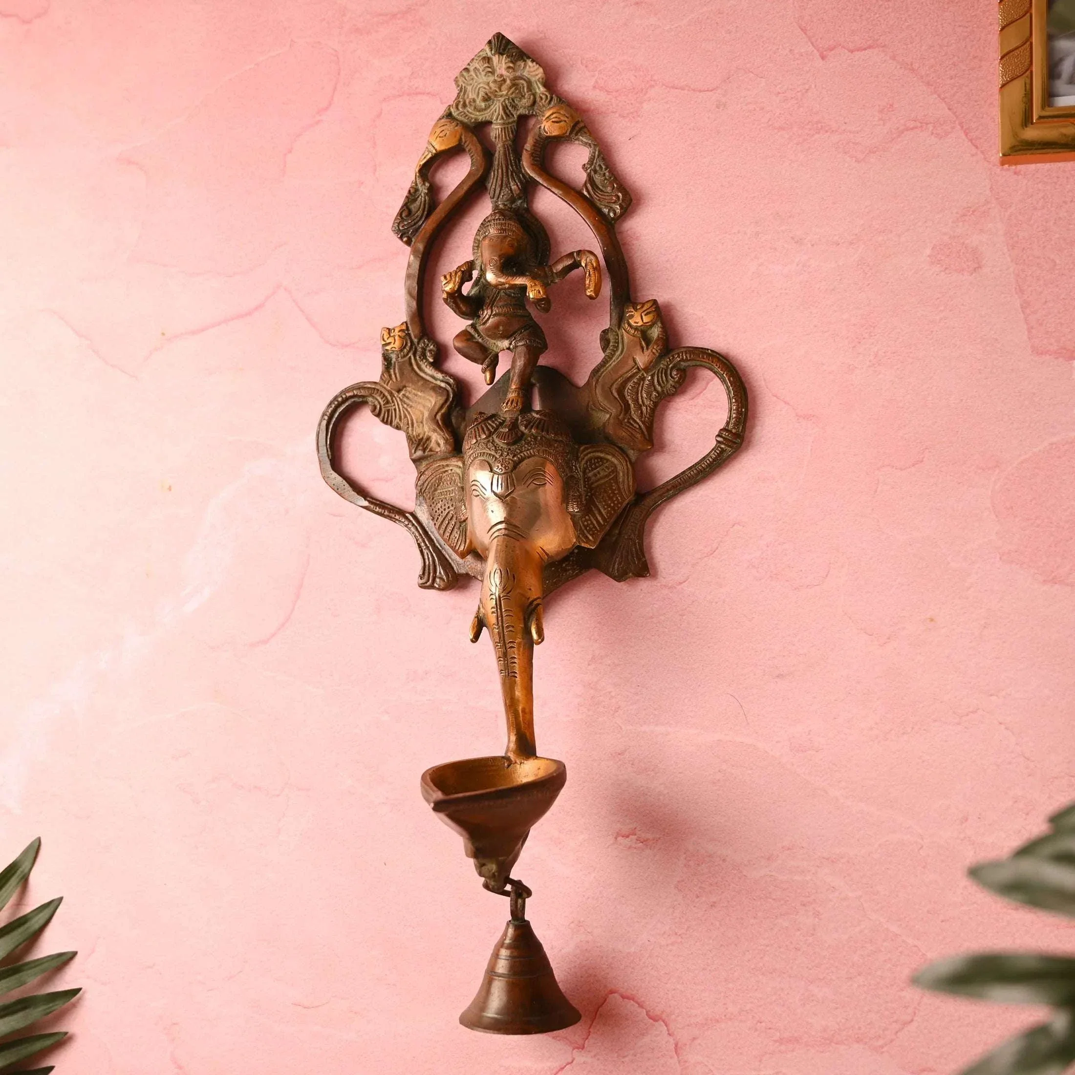 Brass Elephant Ganesha Wall Hanging Diya with Bell (16 Inch) - Image 2