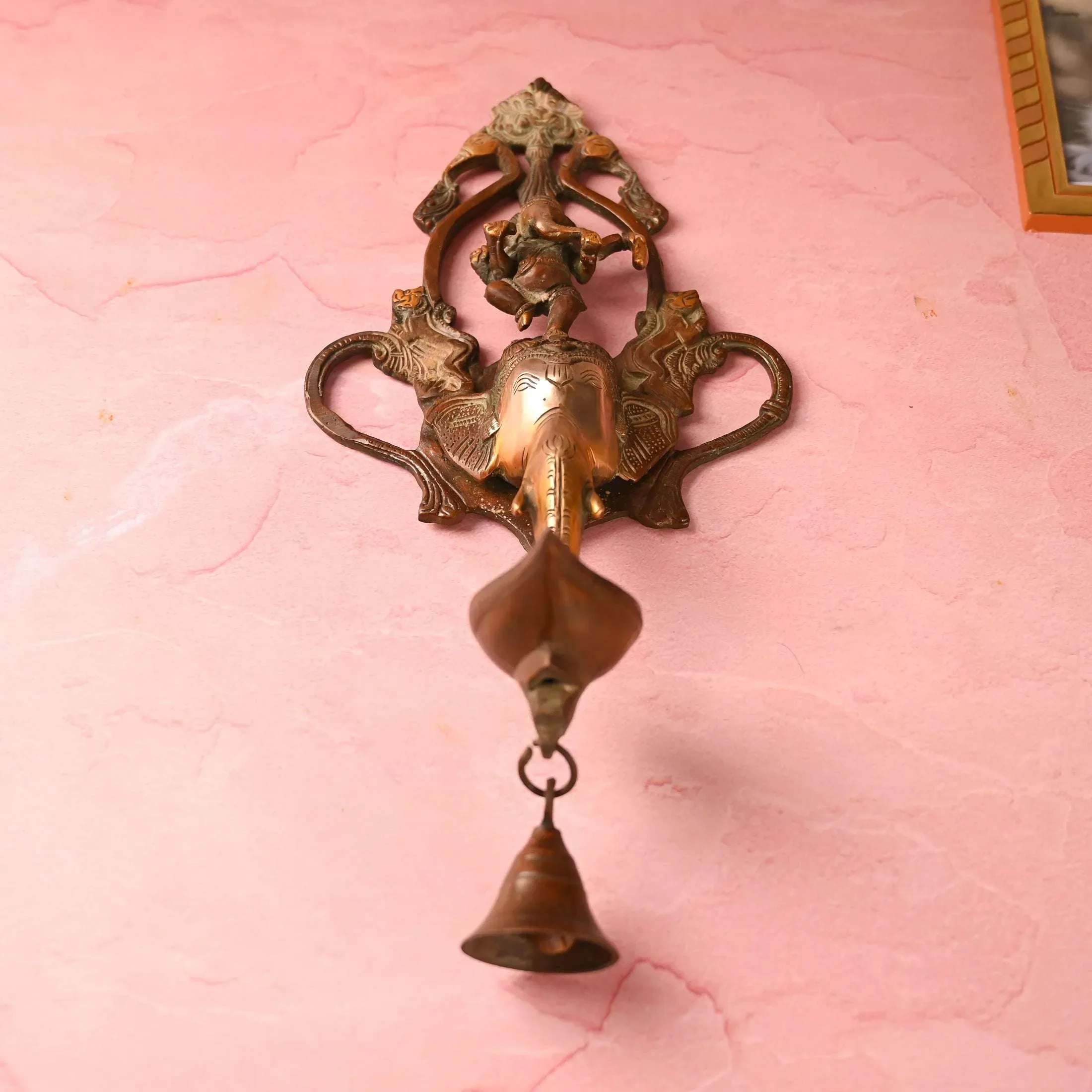 Brass Elephant Ganesha Wall Hanging Diya with Bell (16 Inch) - Image 3