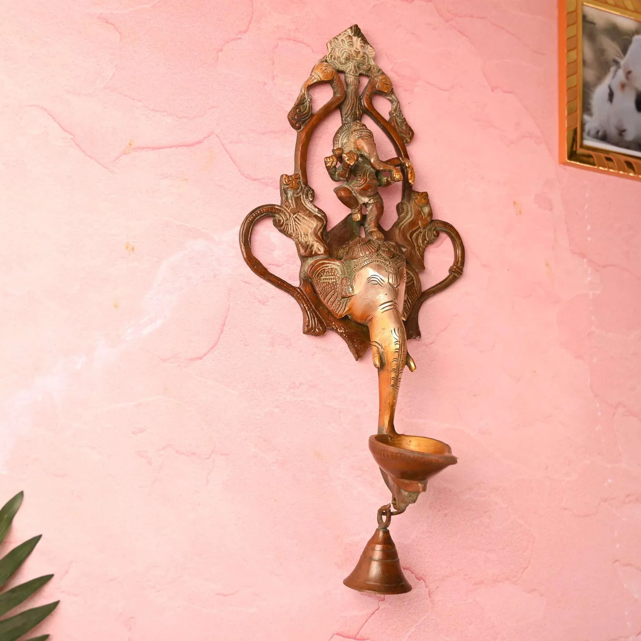 Brass Elephant Ganesha Wall Hanging Diya with Bell (16 Inch) - Image 4