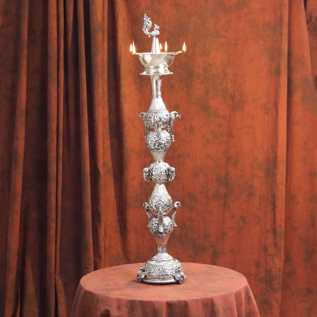 Brass Silver Plated Peacock Design Samai Oil Lamp (32.5 Inch) - Image 10