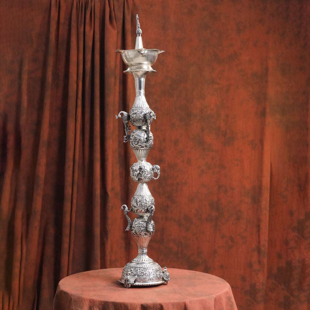 Brass Silver Plated Peacock Design Samai Oil Lamp (32.5 Inch) - Image 11