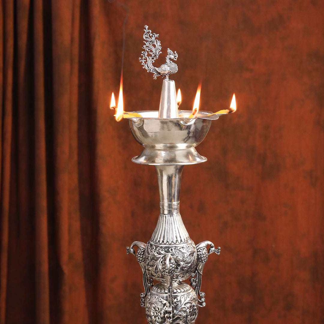 Brass Silver Plated Peacock Design Samai Oil Lamp (32.5 Inch) - Image 12