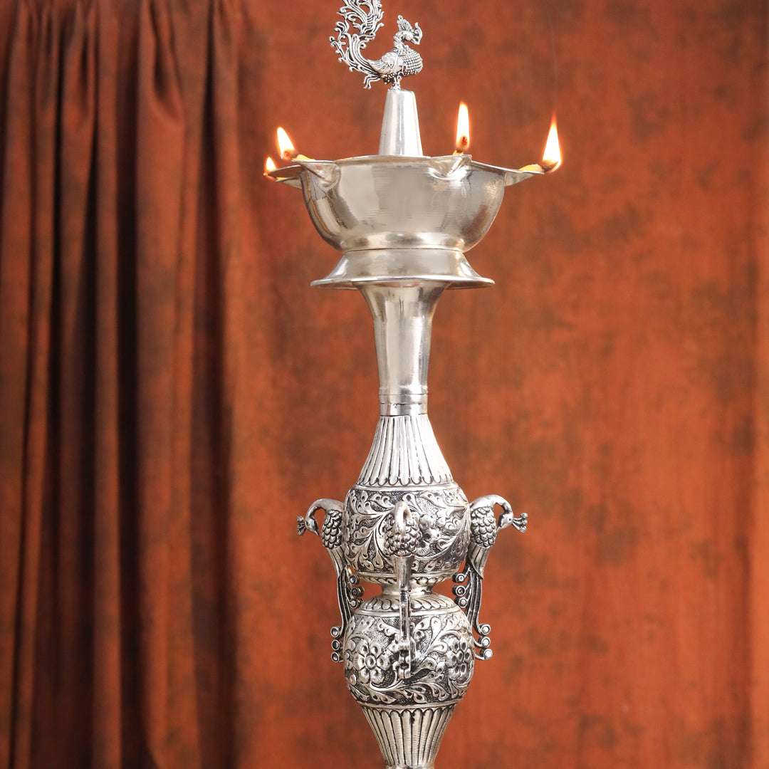 Brass Silver Plated Peacock Design Samai Oil Lamp (32.5 Inch) - Image 13
