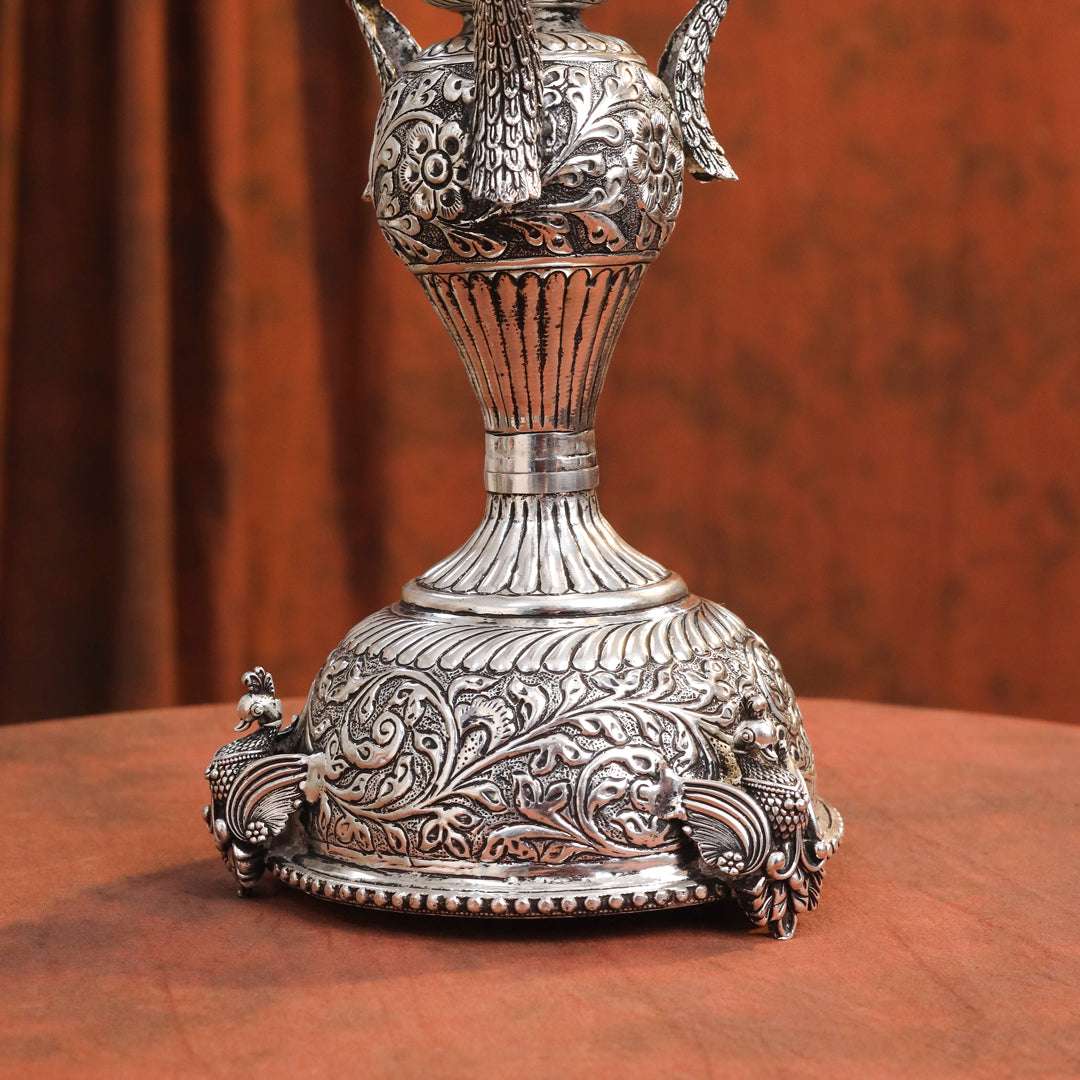 Brass Silver Plated Peacock Design Samai Oil Lamp (32.5 Inch) - Image 14