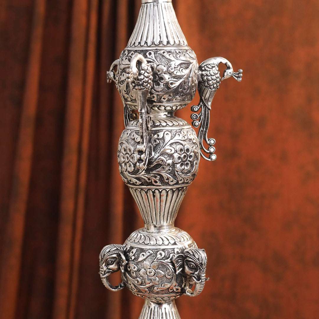 Brass Silver Plated Peacock Design Samai Oil Lamp (32.5 Inch) - Image 15