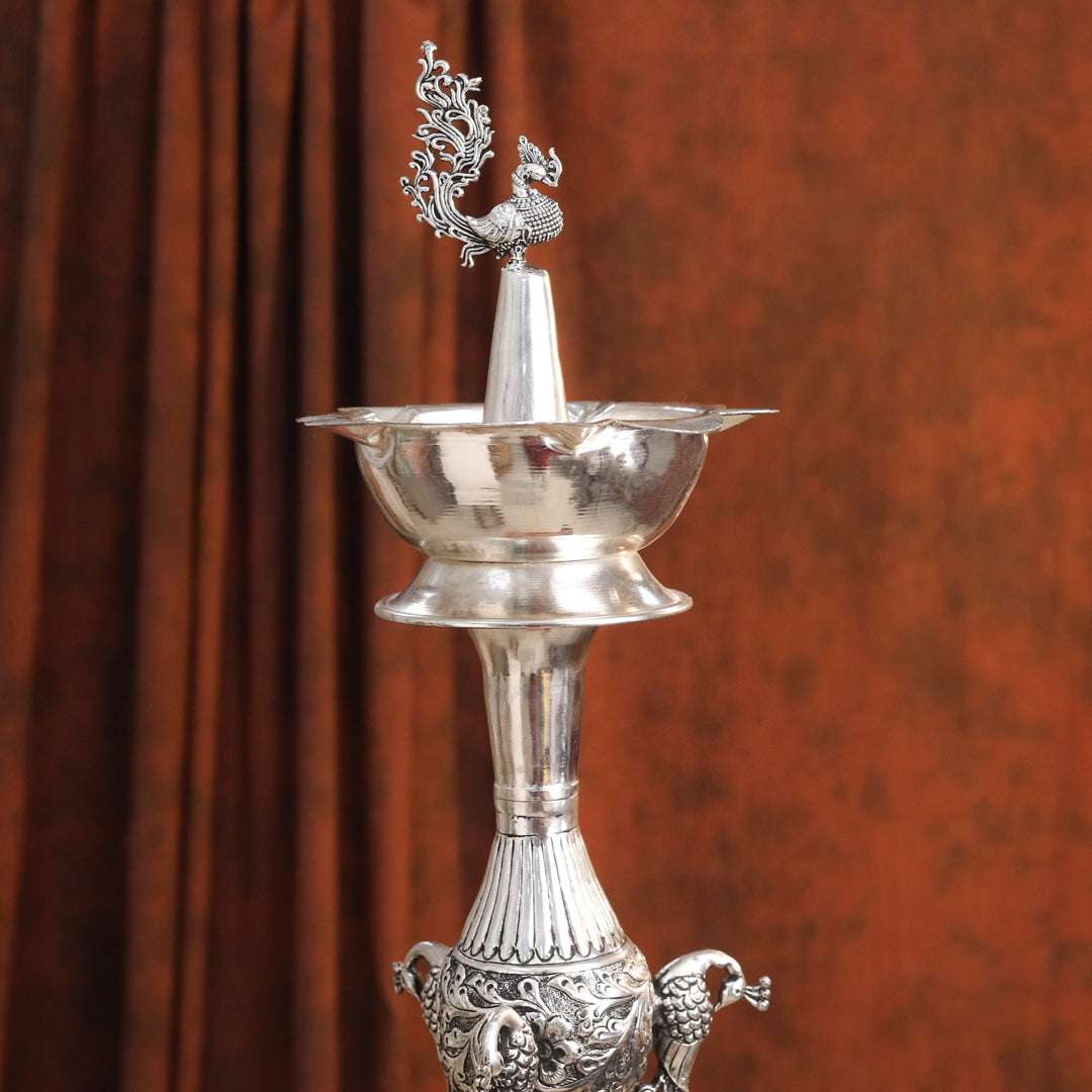 Brass Silver Plated Peacock Design Samai Oil Lamp (32.5 Inch) - Image 16