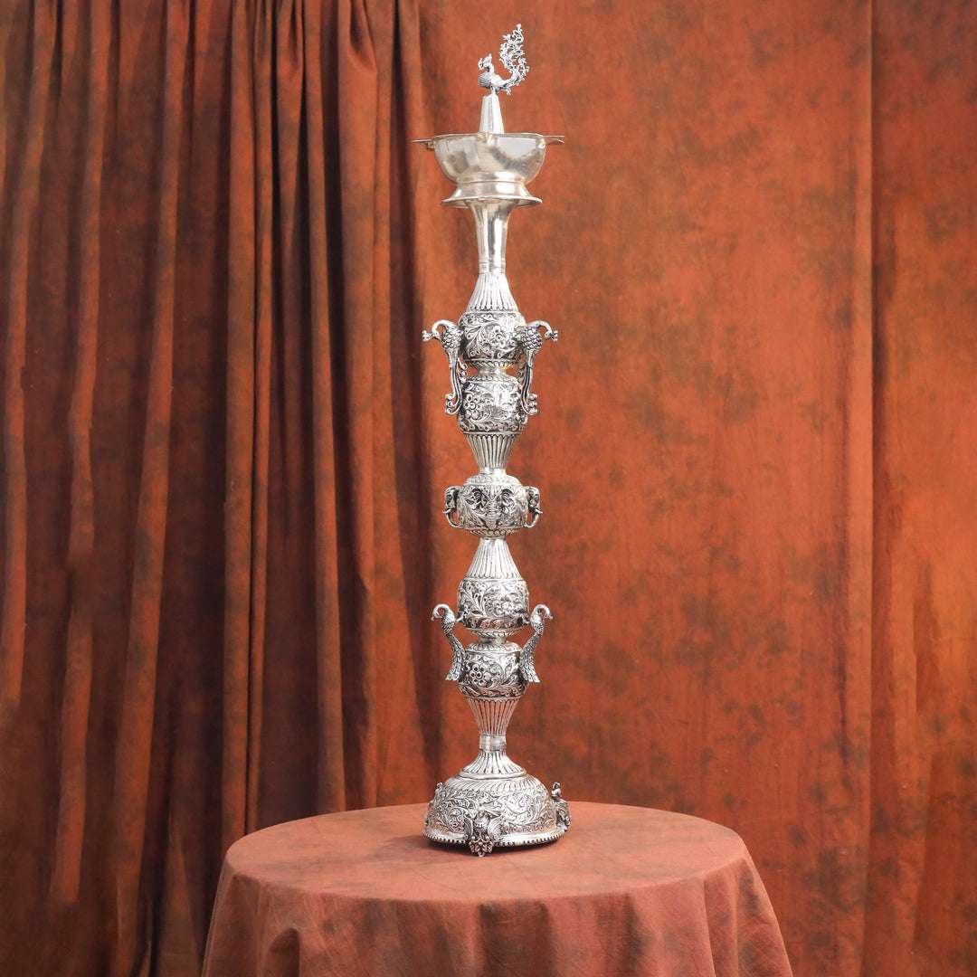 Brass Silver Plated Peacock Design Samai Oil Lamp (32.5 Inch) - Image 17