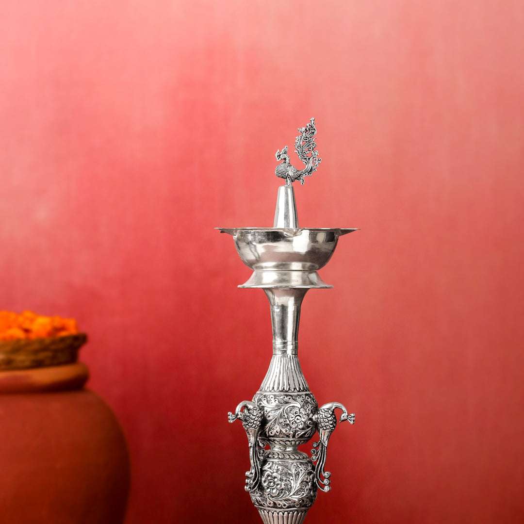 Brass Silver Plated Peacock Design Samai Oil Lamp (32.5 Inch) - Image 3